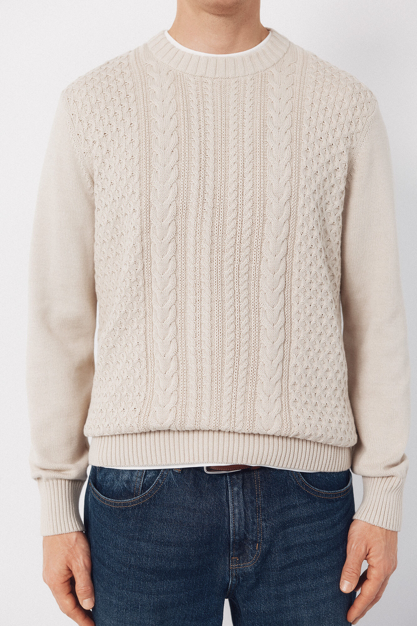 Cortefiel Cable knit round neck jersey-knit  Ivory
