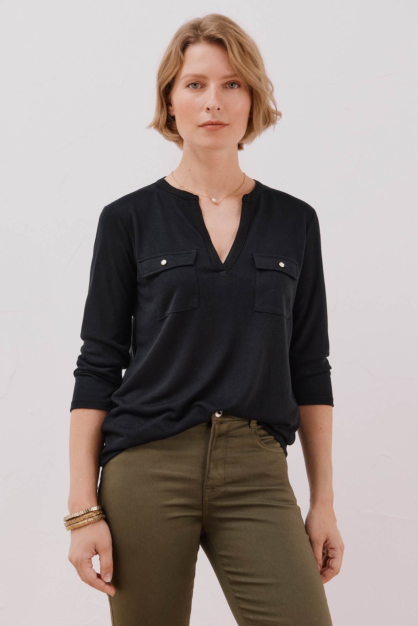 Cortefiel Camiseta cuello mao efecto lino Negro