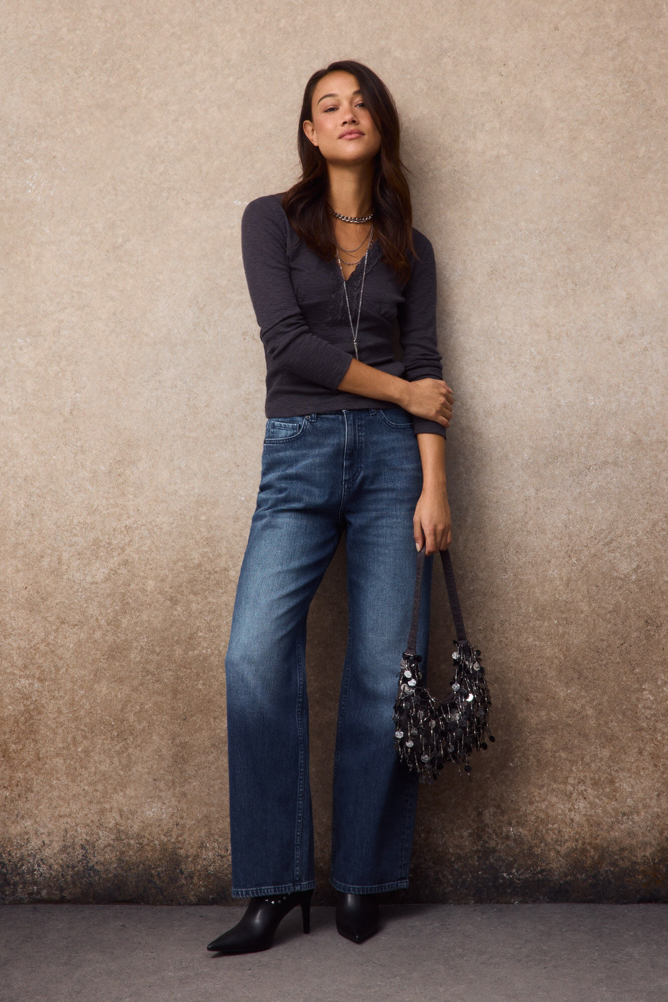 Slowlove Top decote em renda Cinzento