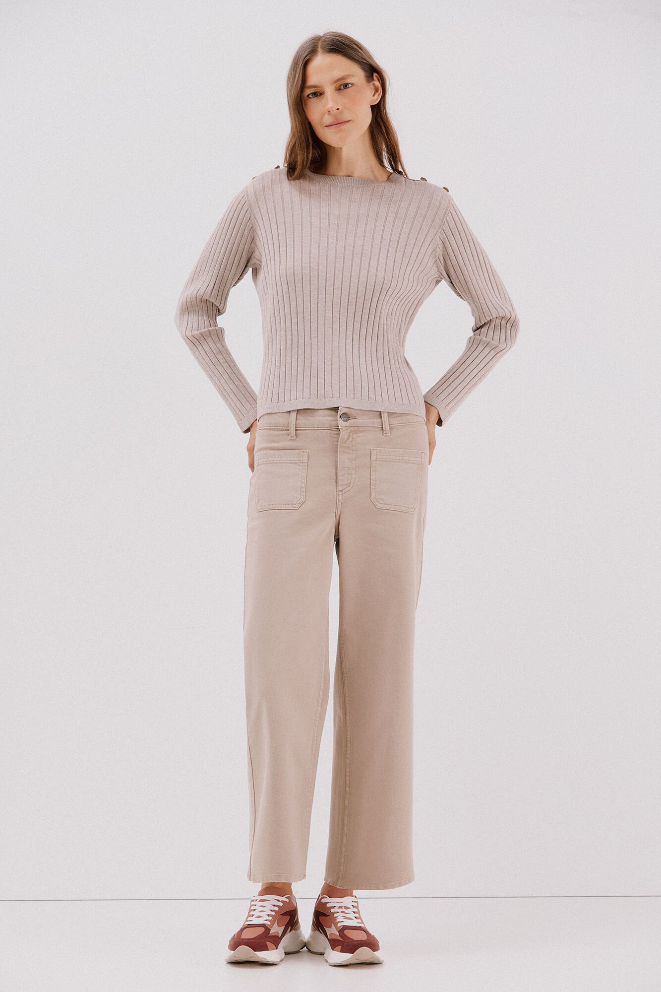 Cortefiel Camisola canelada bot&otilde;es Tostado