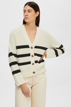 Cortefiel Relaxed fit V-neck striped cardigan White