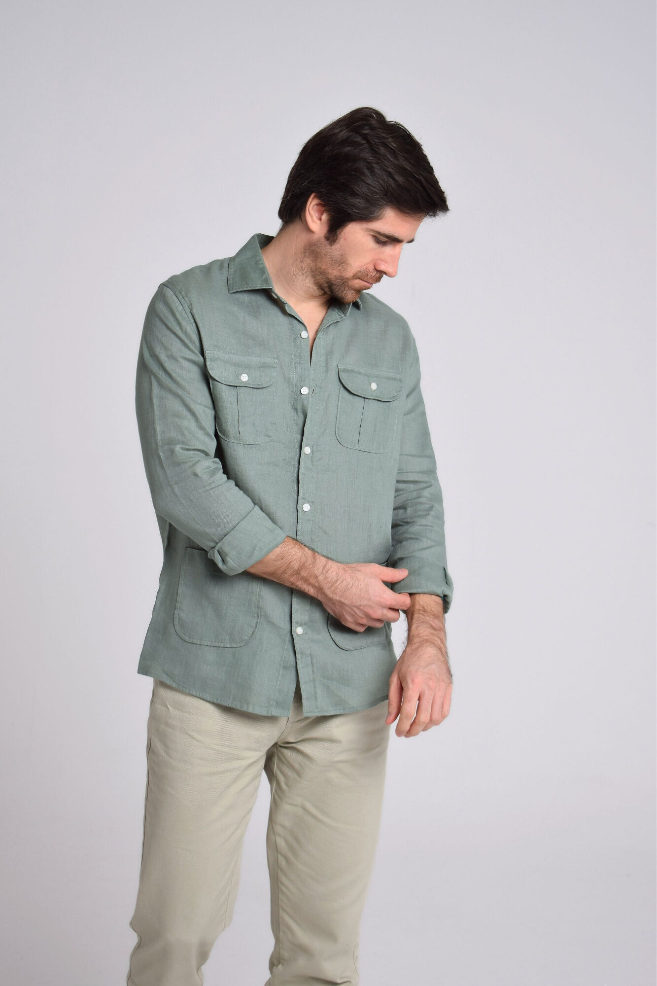 Cloking 100% linen Guayabera shirt Green