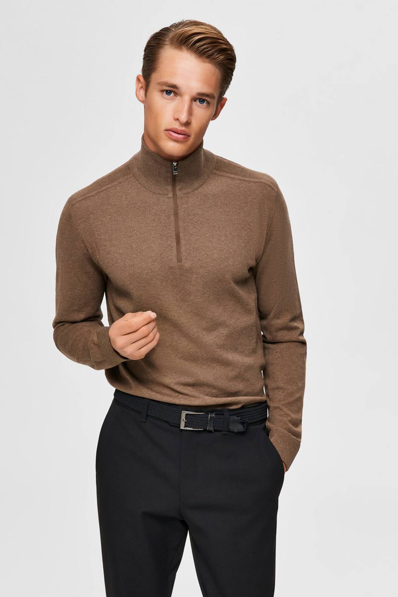 Selected Camisola de malha com meio fecho-&eacute;clair 100% algod&atilde;o
