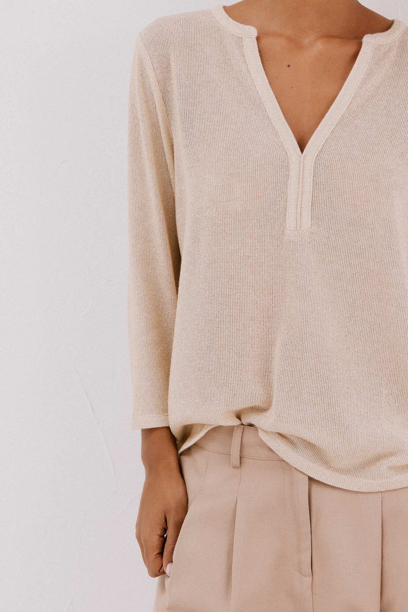 Cortefiel Lurex mandarin collar t-shirt Gold