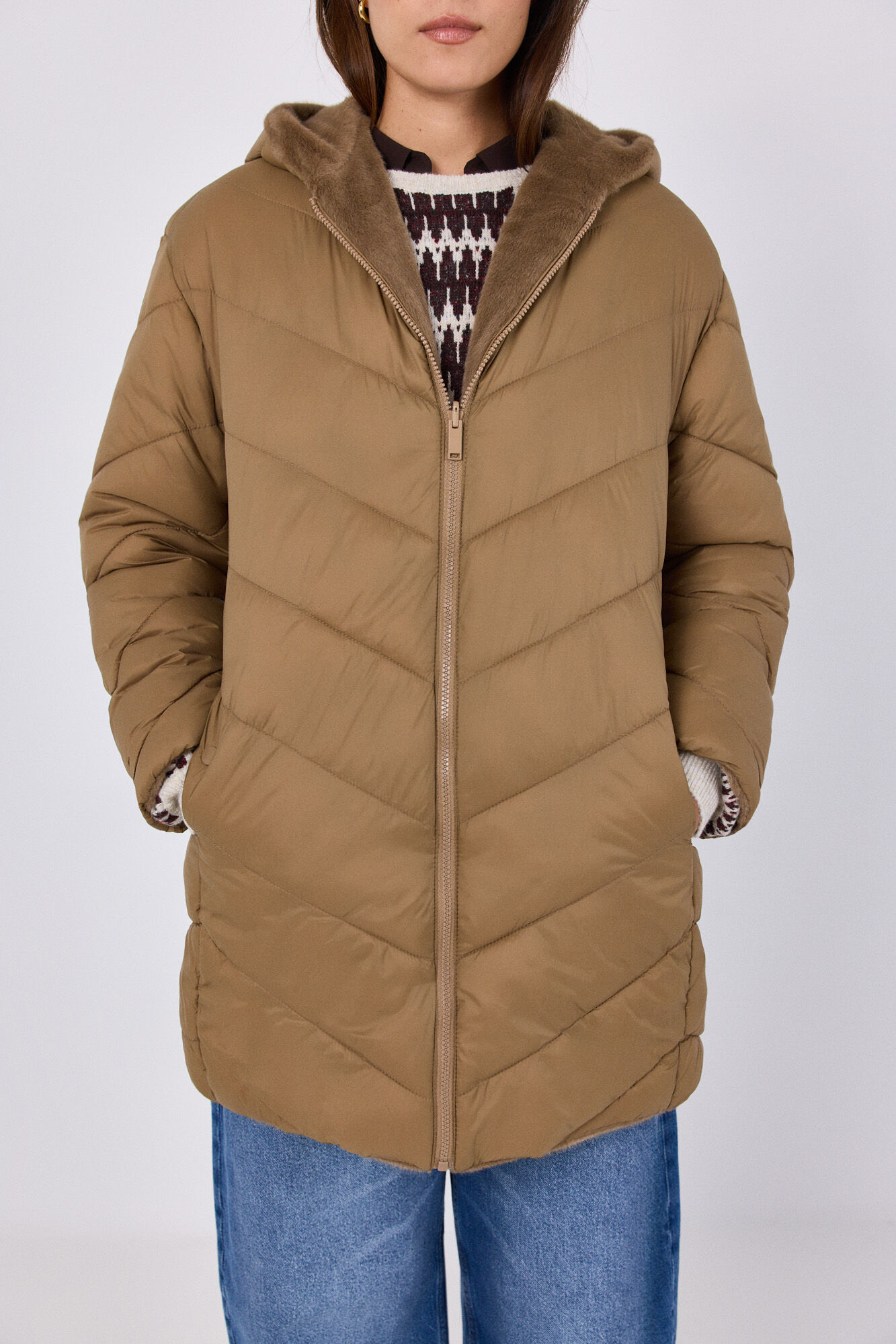 Cortefiel Anorak acolchado reversible efecto pelo Beige