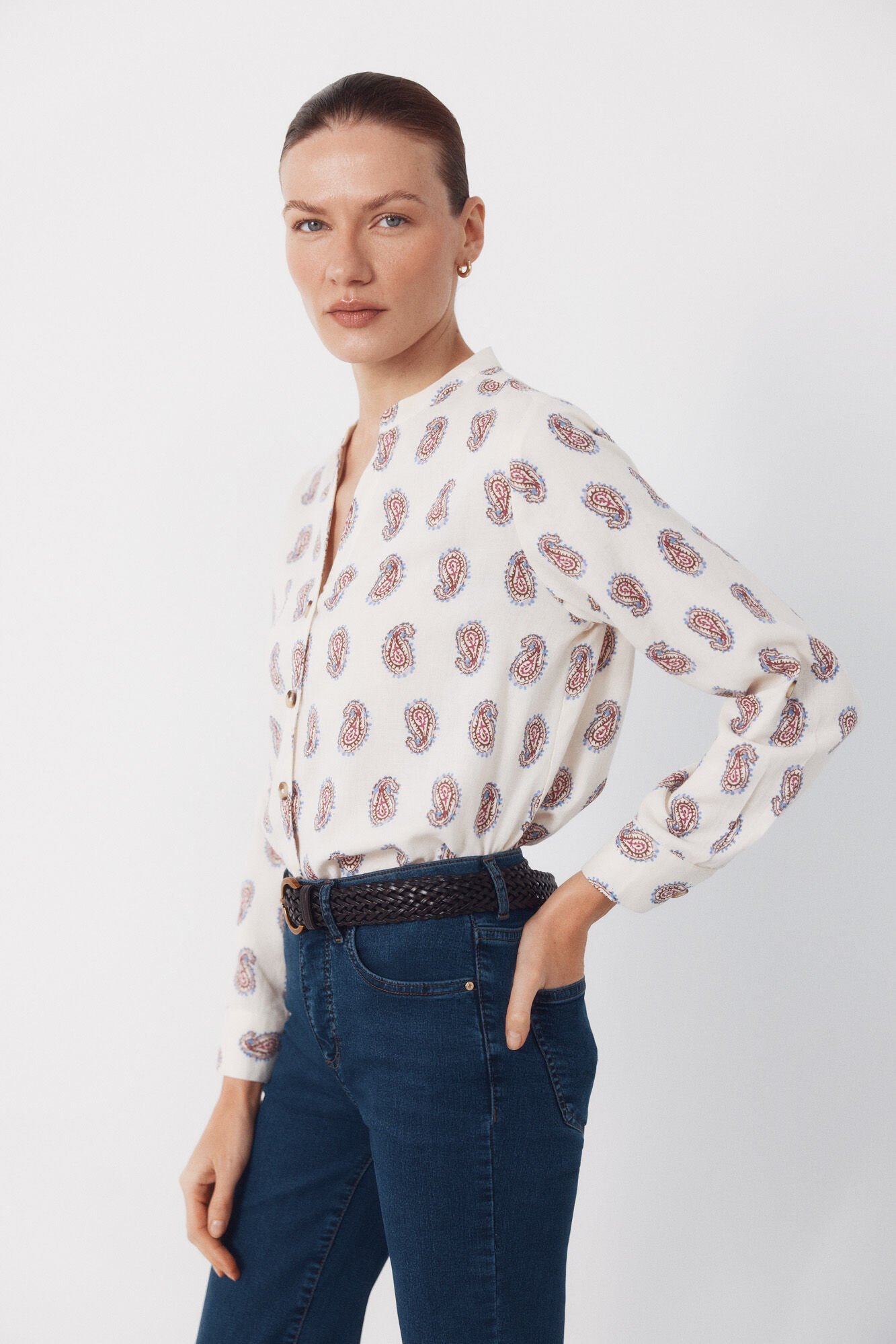 Cortefiel Mandarin collar shirt Printed purple