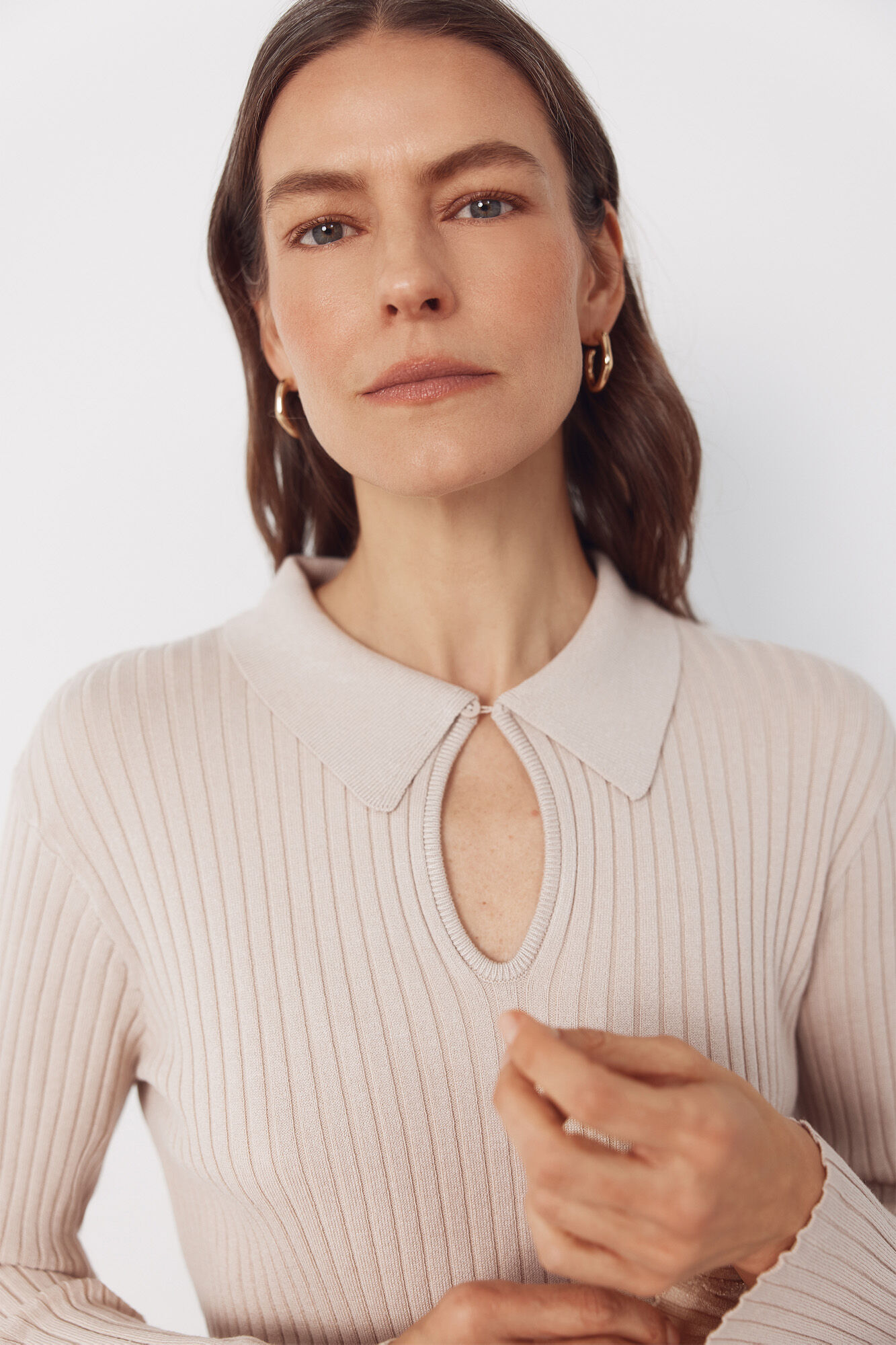 Cortefiel Jersey-knit keyhole polo shirt Beige