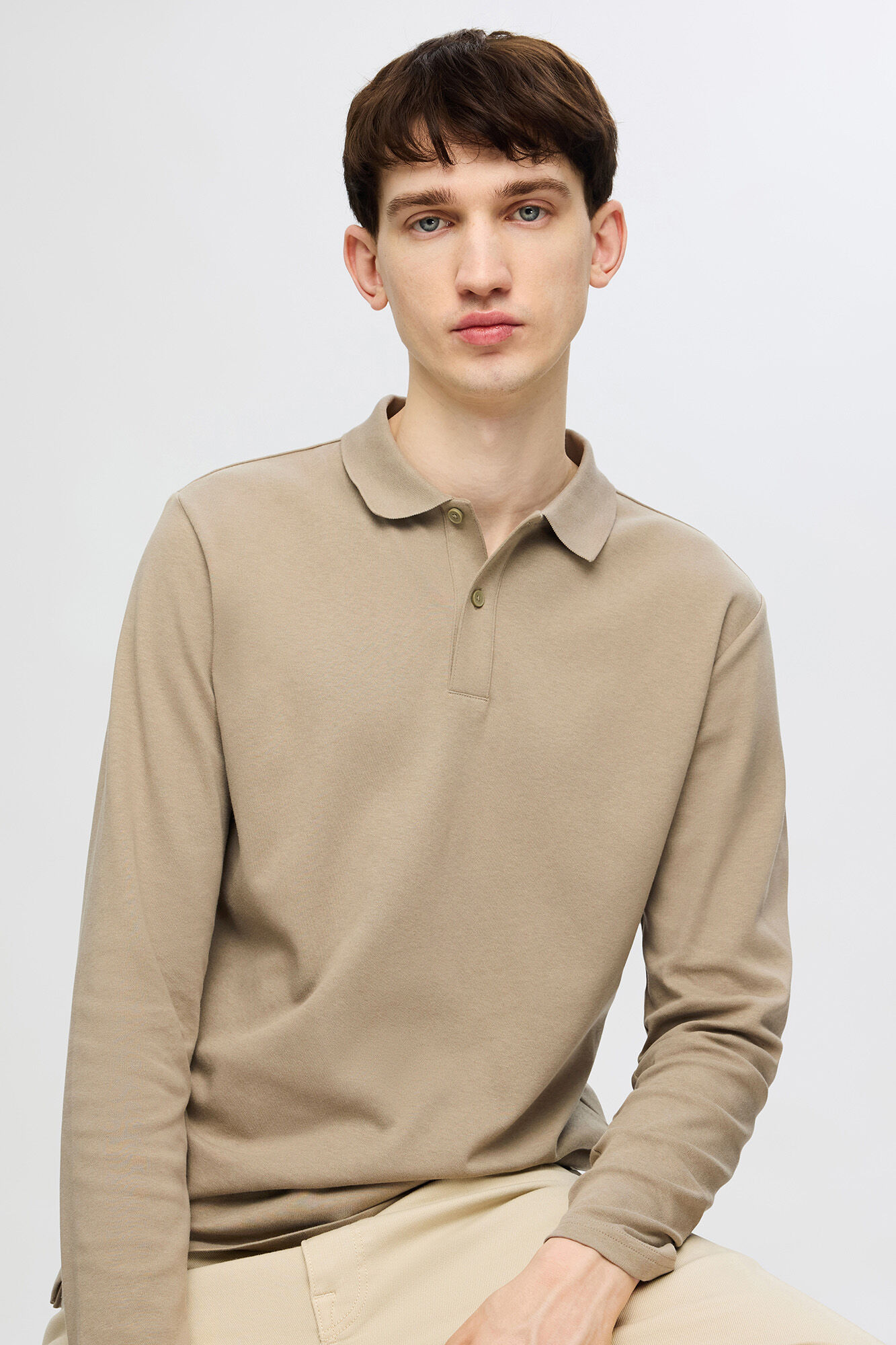 Selected Polo de manga comprida de algod&atilde;o reciclado.  Cinzento