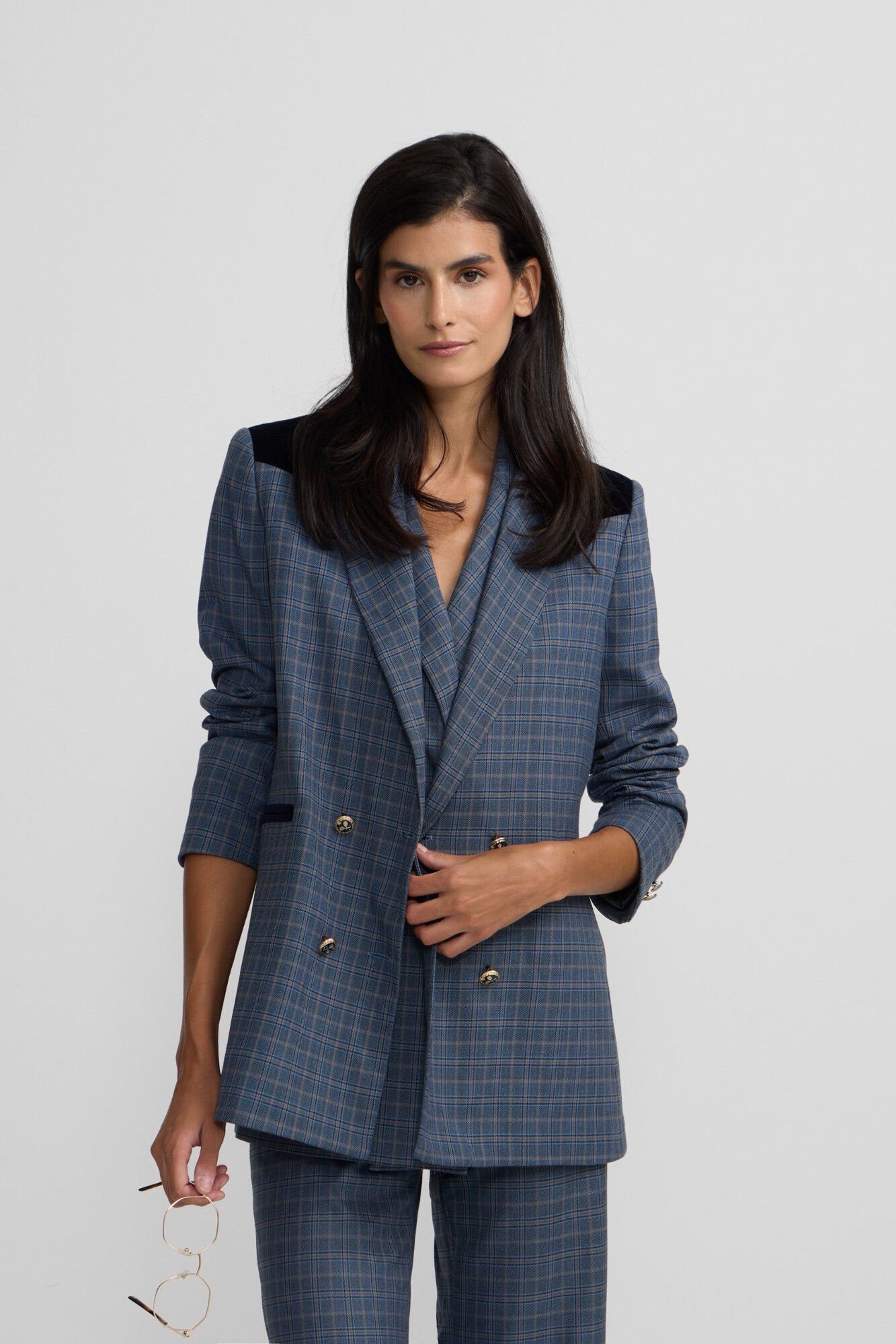 Silbon Detalhes xadrez de veludo americano Azul