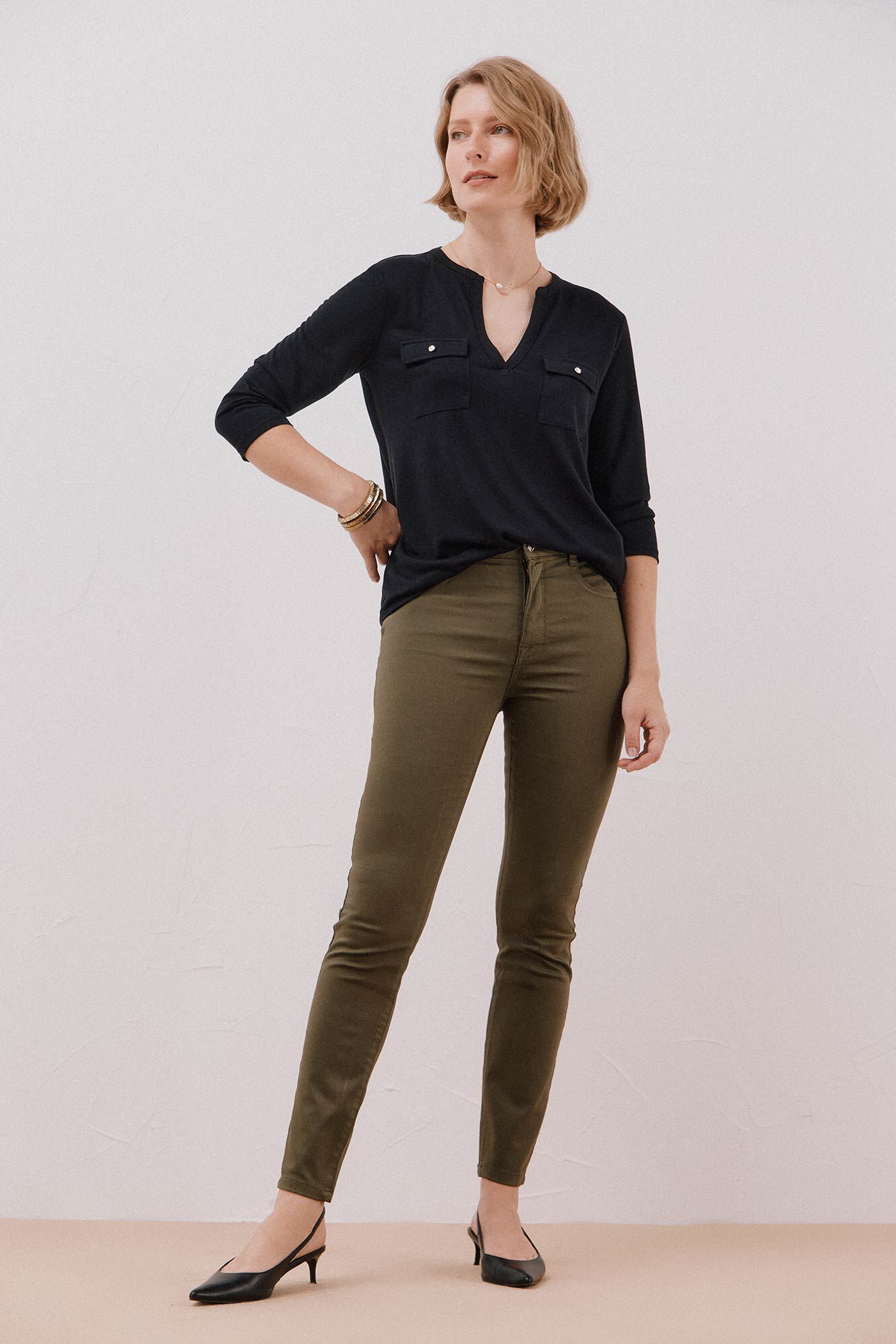 Cortefiel Camiseta cuello mao efecto lino Negro