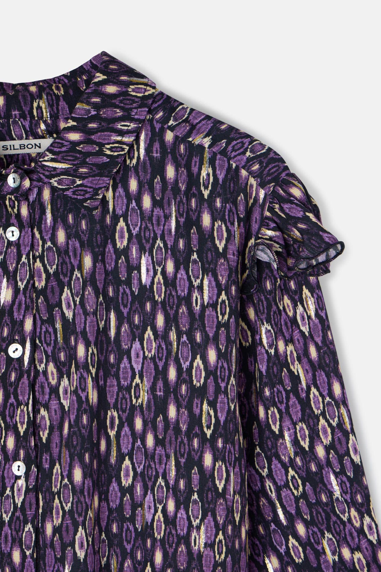 Silbon Camisa com babados e estampado Ikat no ombro Roxo