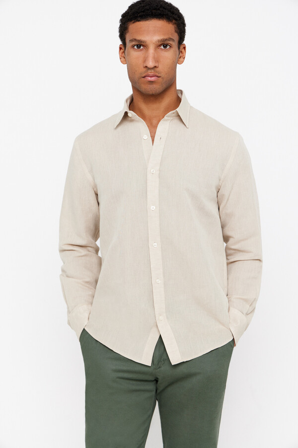 Cortefiel Plain linen/cotton shirt Beige