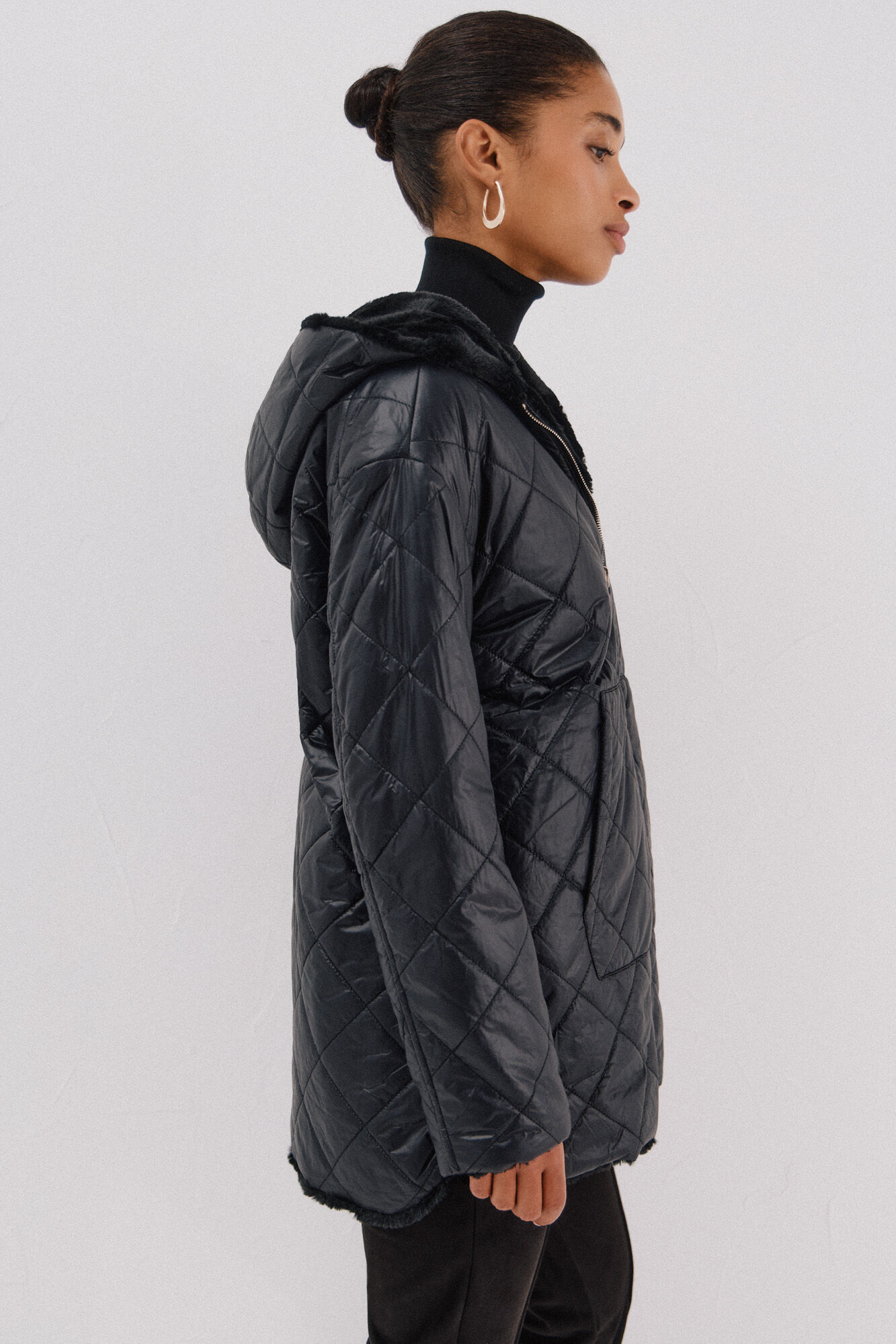 Cortefiel reversible quilted anorak with fur effect Black