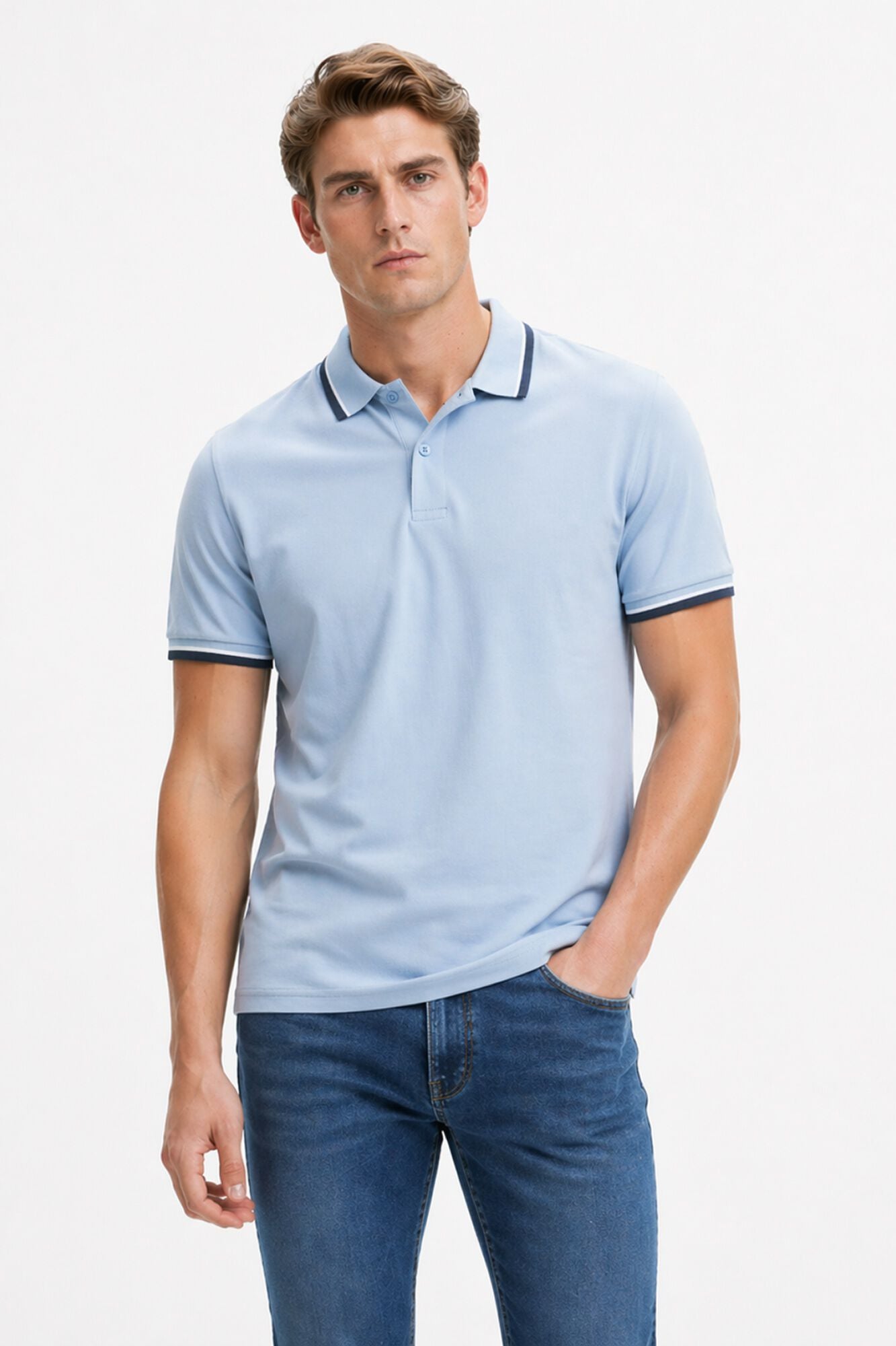 Selected Piqu&eacute; short sleeve polo shirt Blue