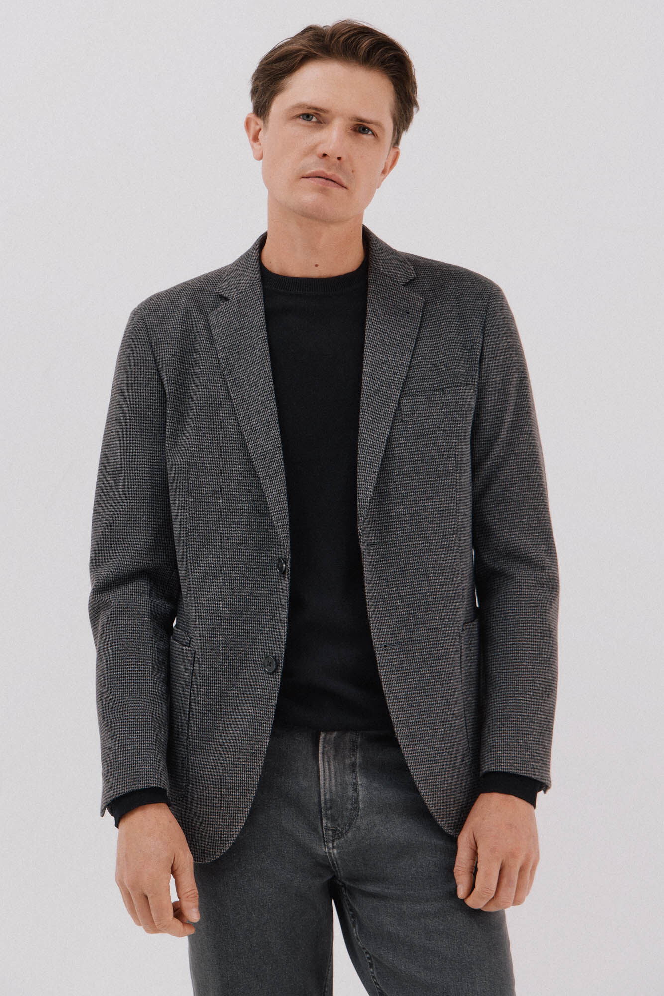 Cortefiel Houndstooth jersey-knit blazer Dark grey