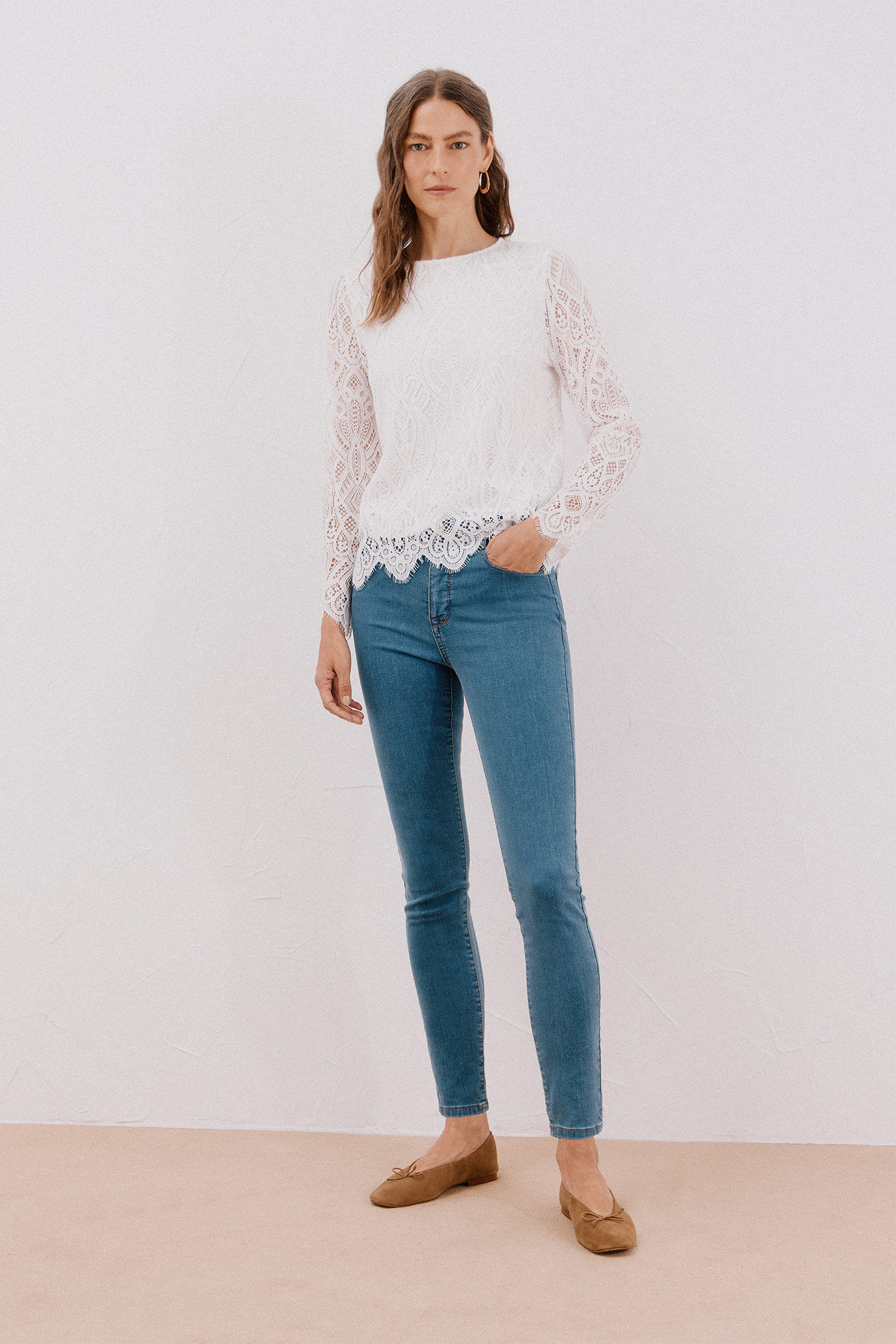 Cortefiel long sleeve guipure top White