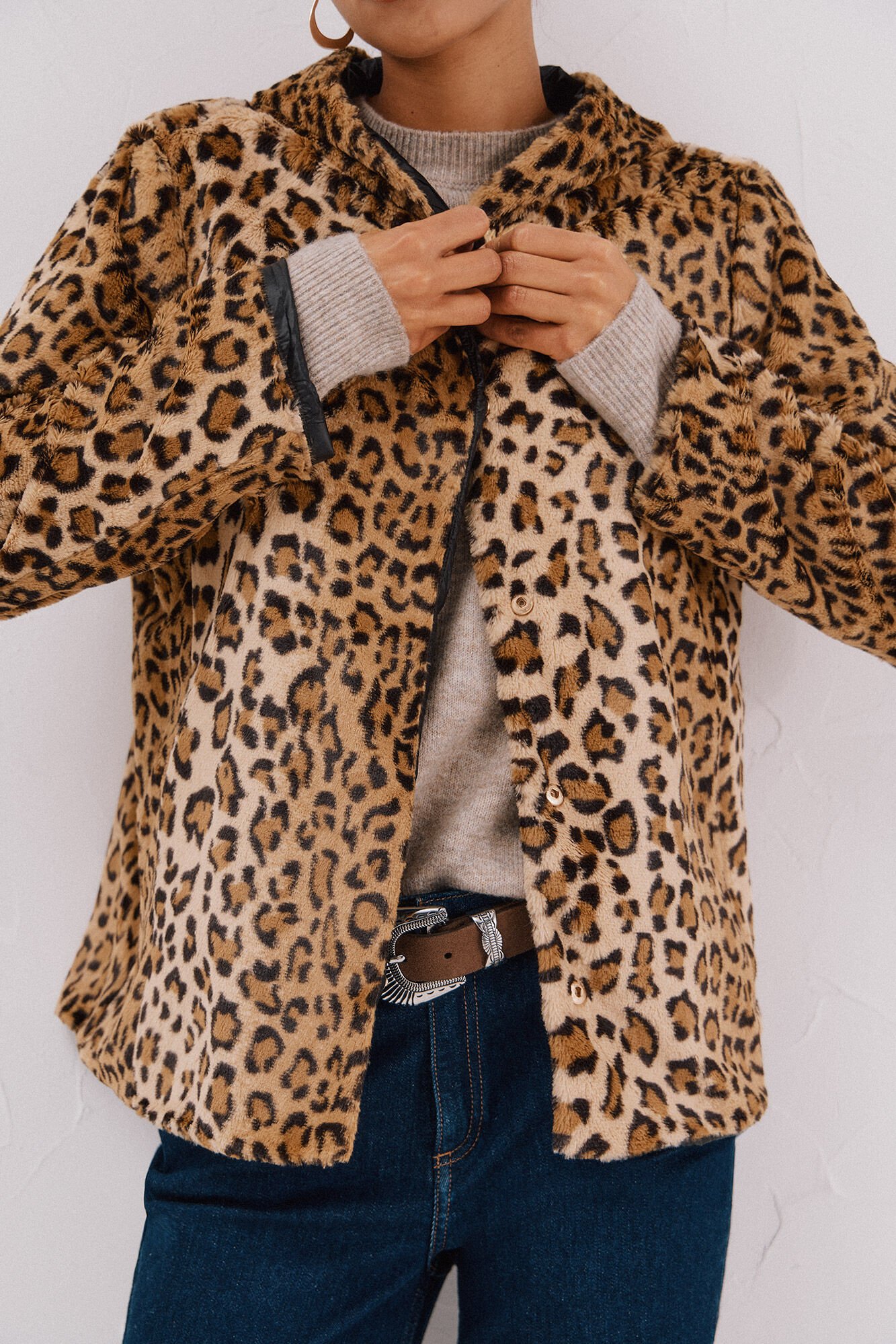 Cortefiel Short reversible faux fur jacket Black