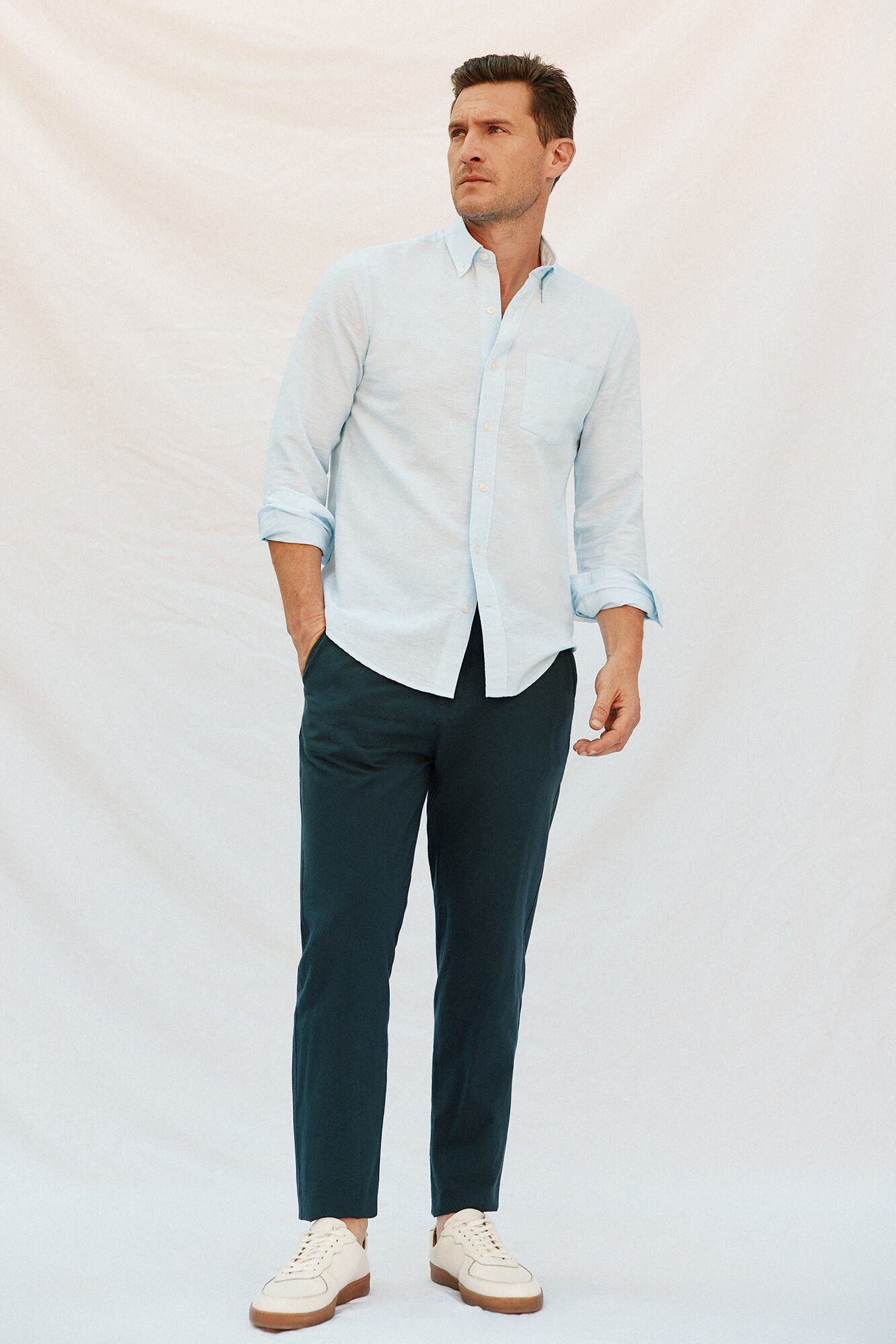 Cortefiel Plain linen/cotton shirt Blue