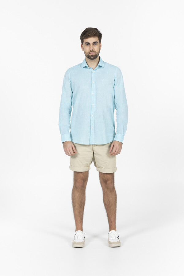 Cortefiel Linen and cotton logo shirt Turquoise