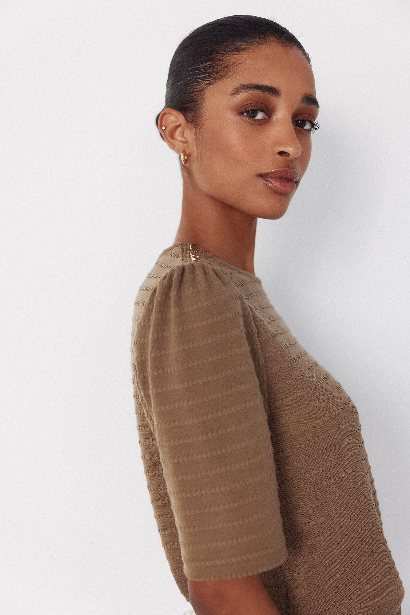 Cortefiel Striped structured t-shirt Kaki