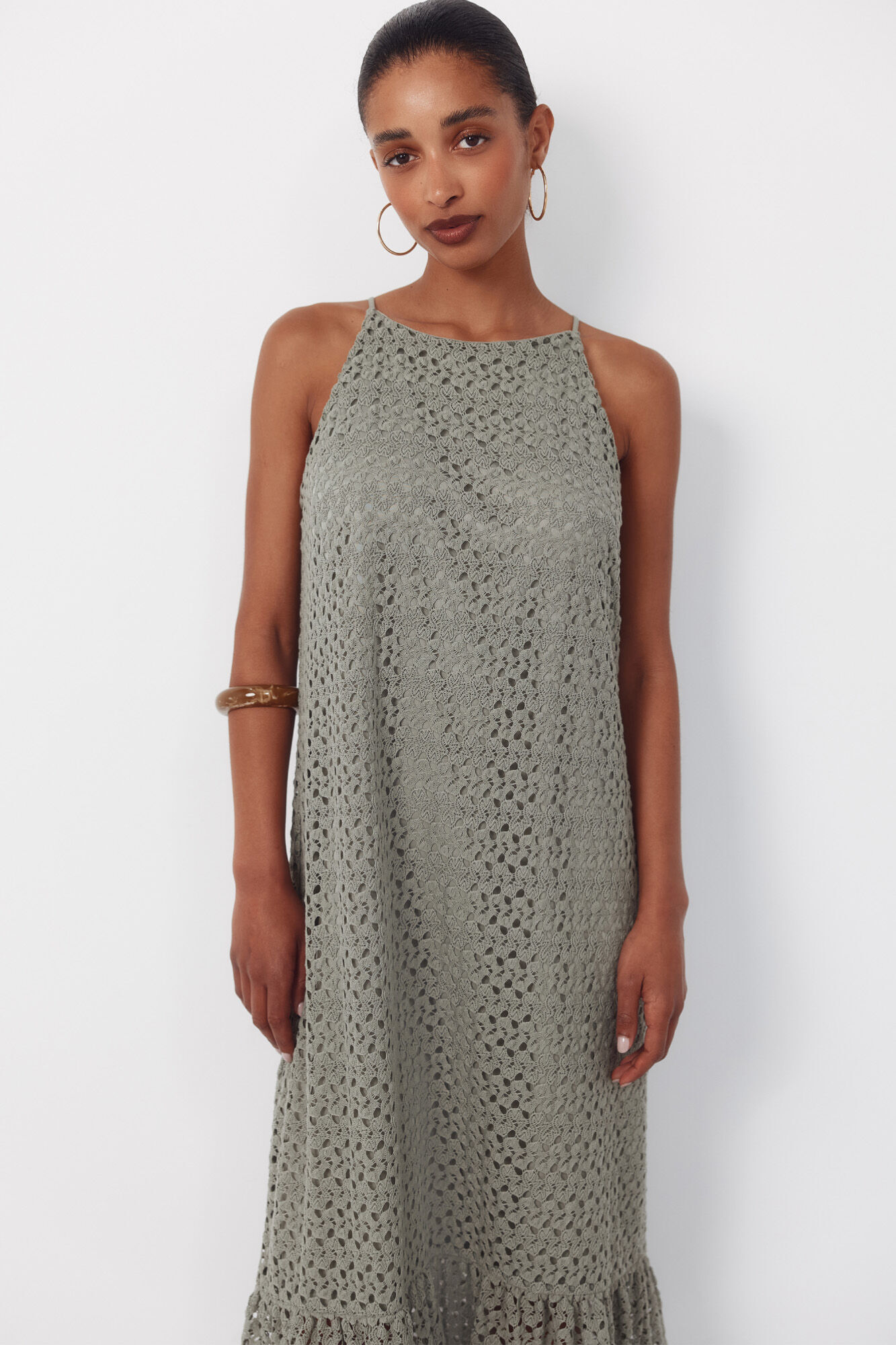 Cortefiel Structured halterneck dress Kaki