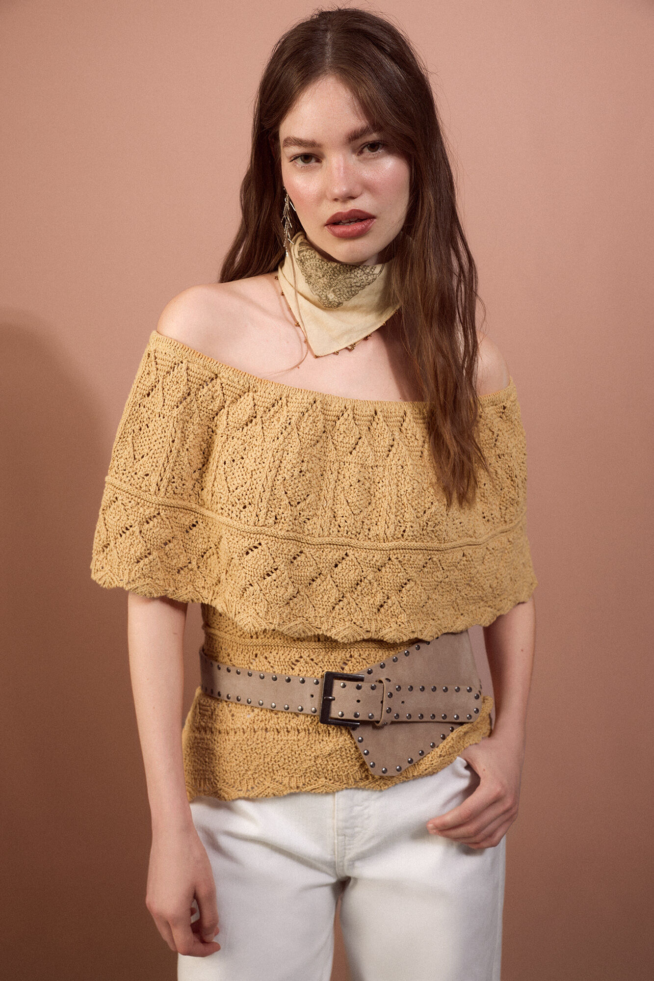 Cortefiel Off-shoulder knitted top Yellow