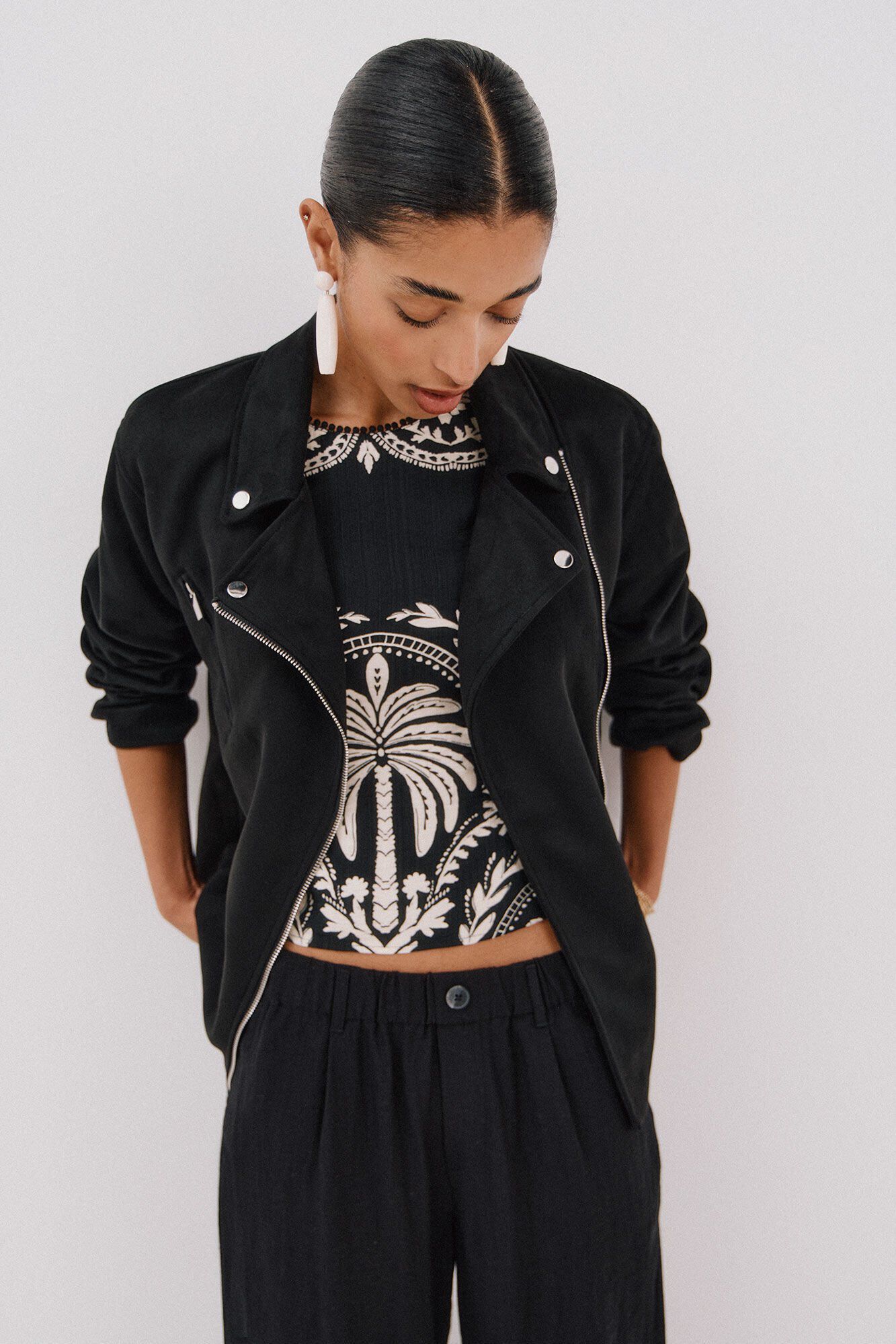 Cortefiel Faux suede biker jacket Black