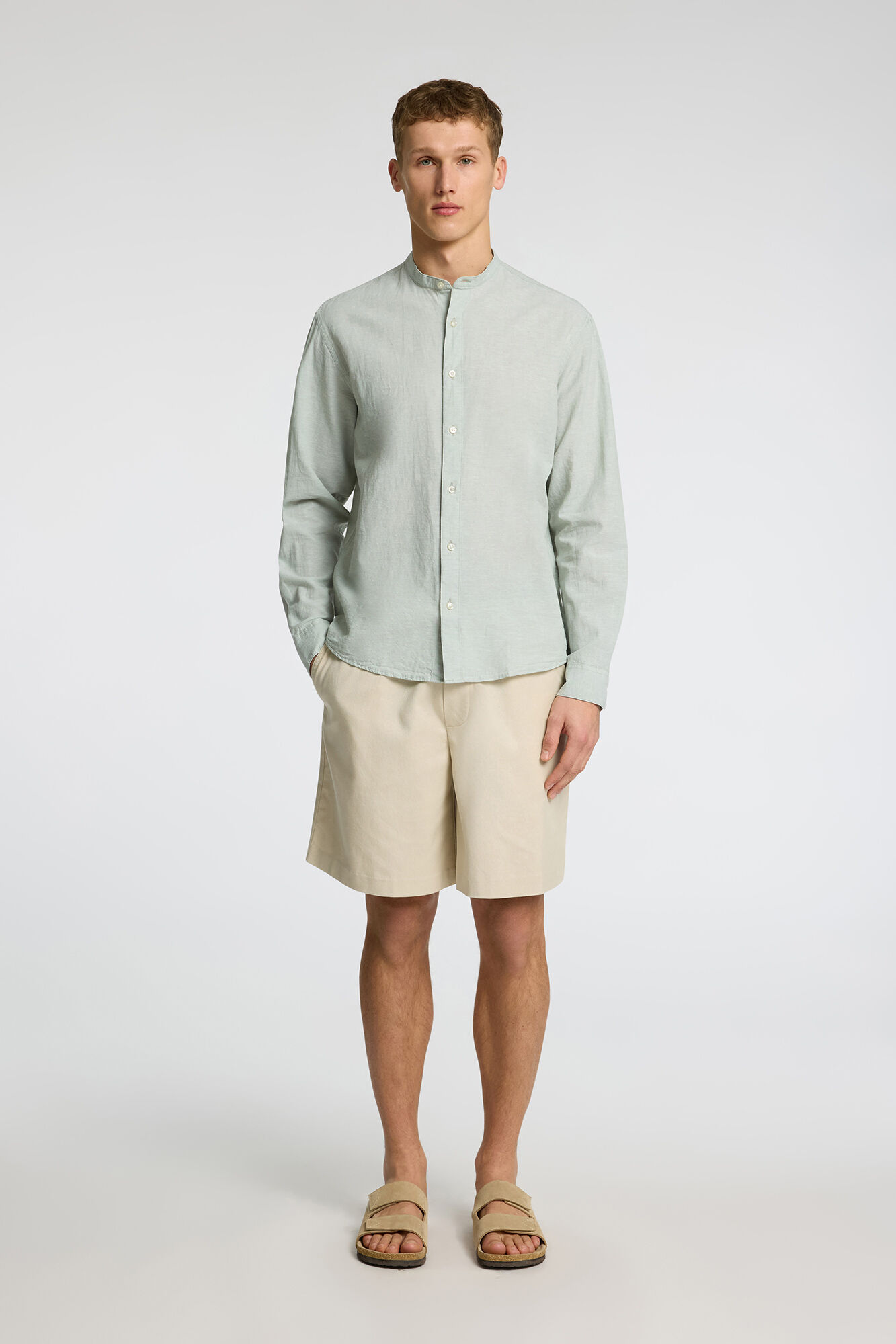 Selected linen shirt with mandarin collar Green