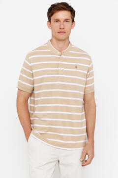 Cortefiel Striped polo shirt with mandarin collar Beige