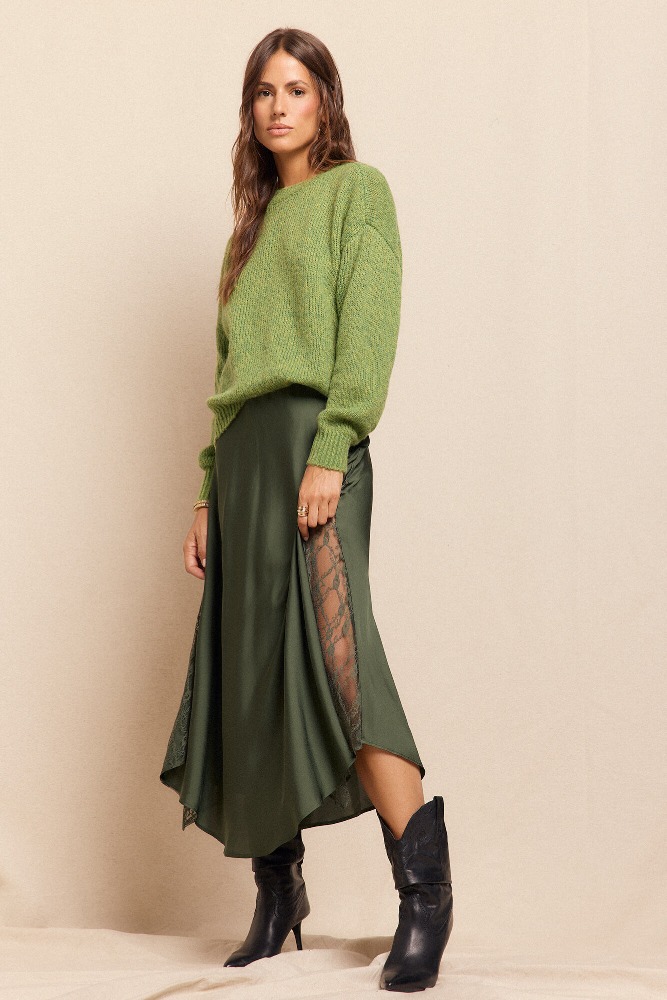 Slowlove Saia longa de cetim com renda