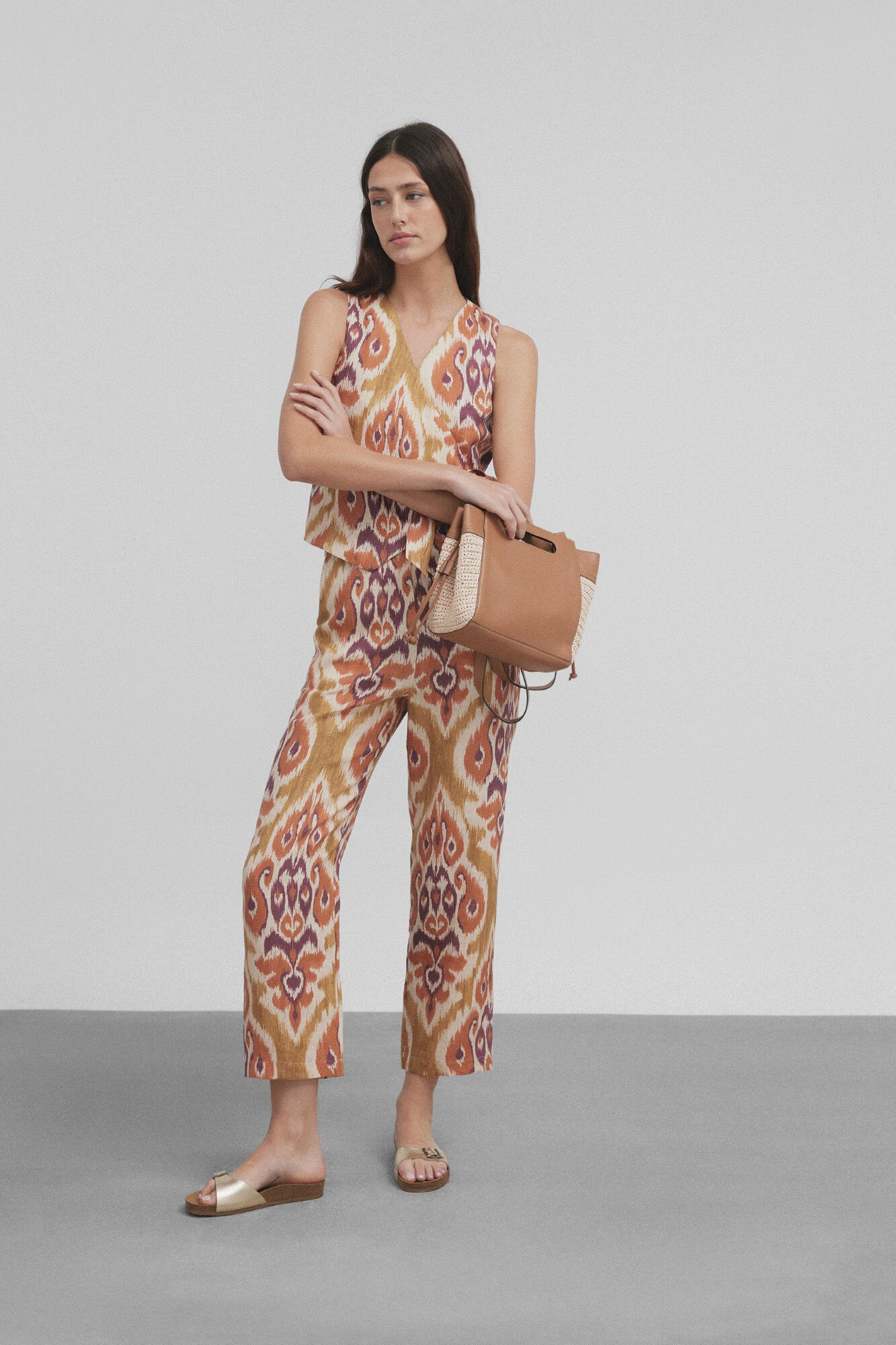 Silbon Ikat-print linen trousers Printed beige