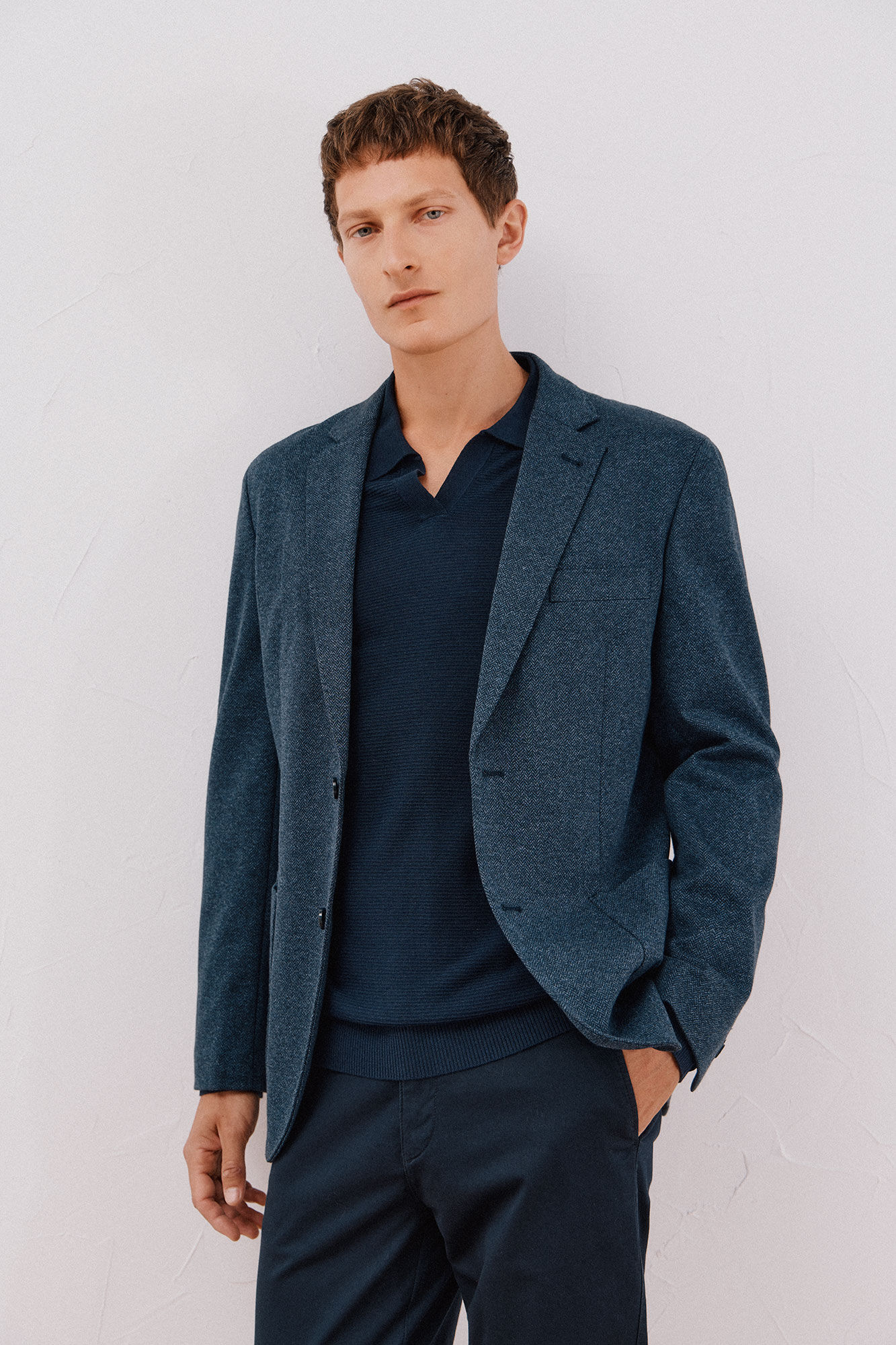 Cortefiel Herringbone jersey-knit blazer Blue