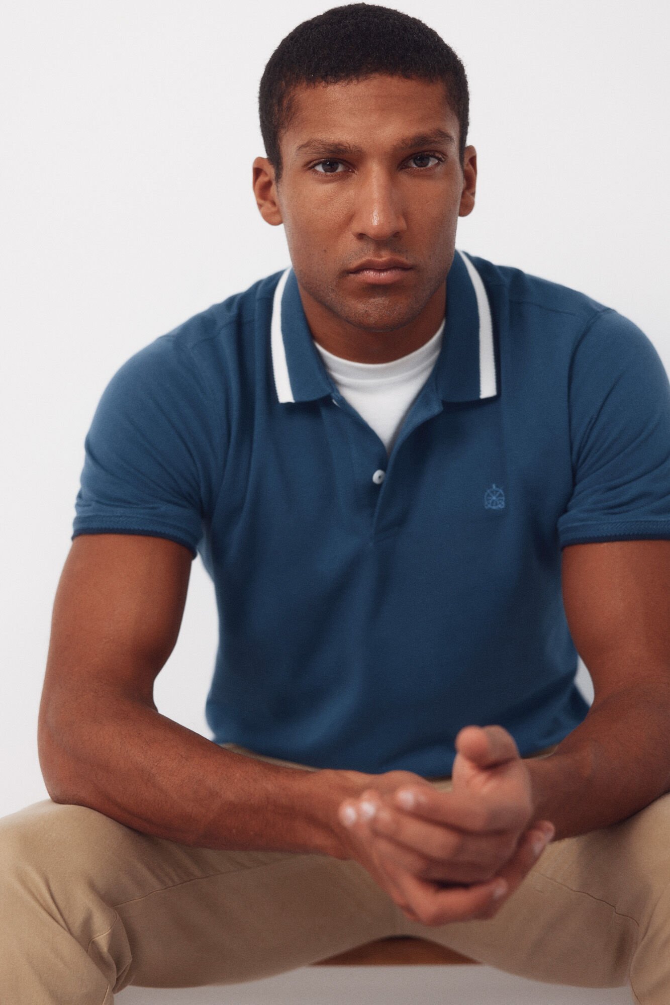 Cortefiel Fantasy neck structure polo shirt Blue
