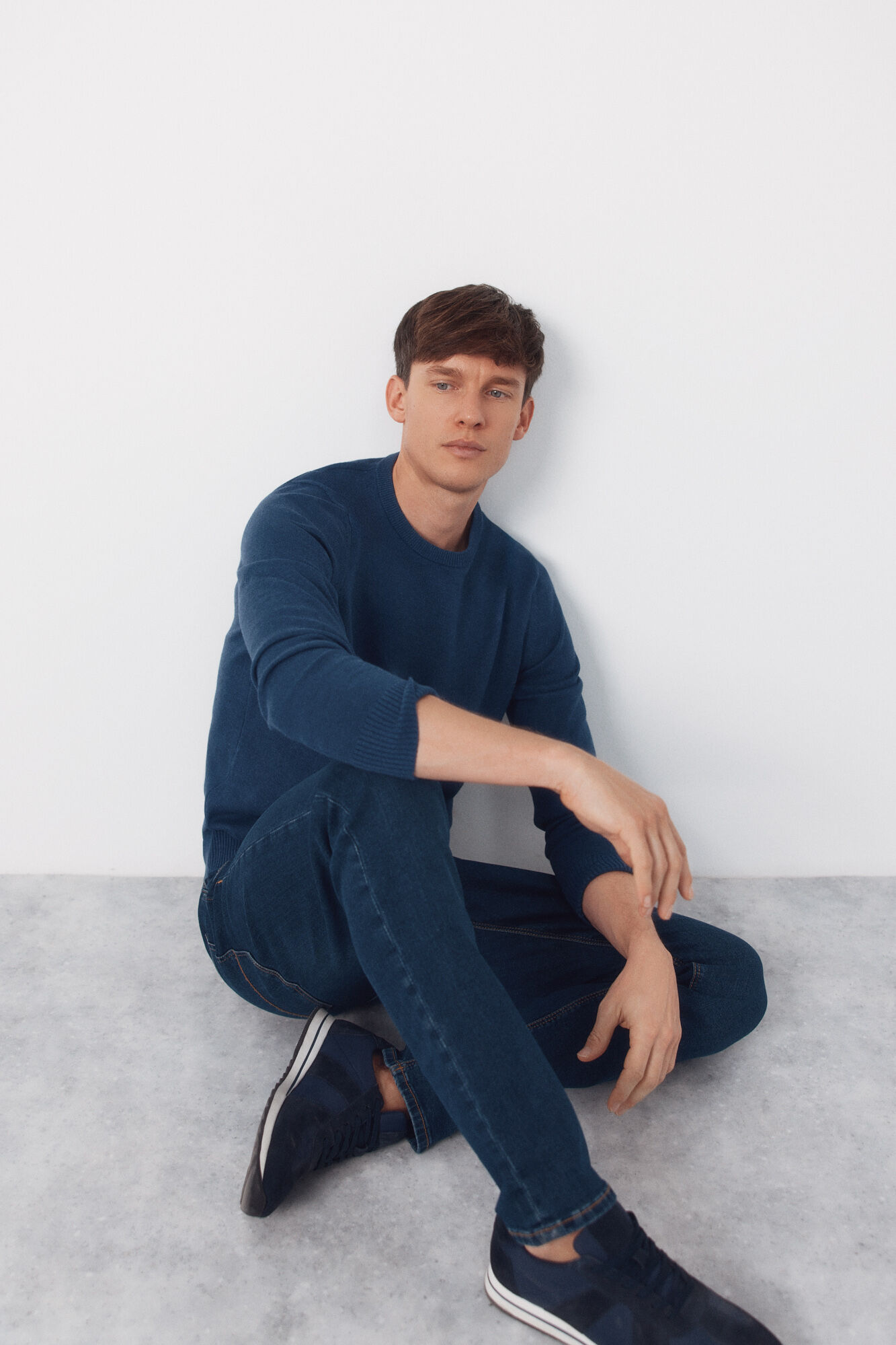 Cortefiel Basic cotton knit round neck jersey-knit Blue