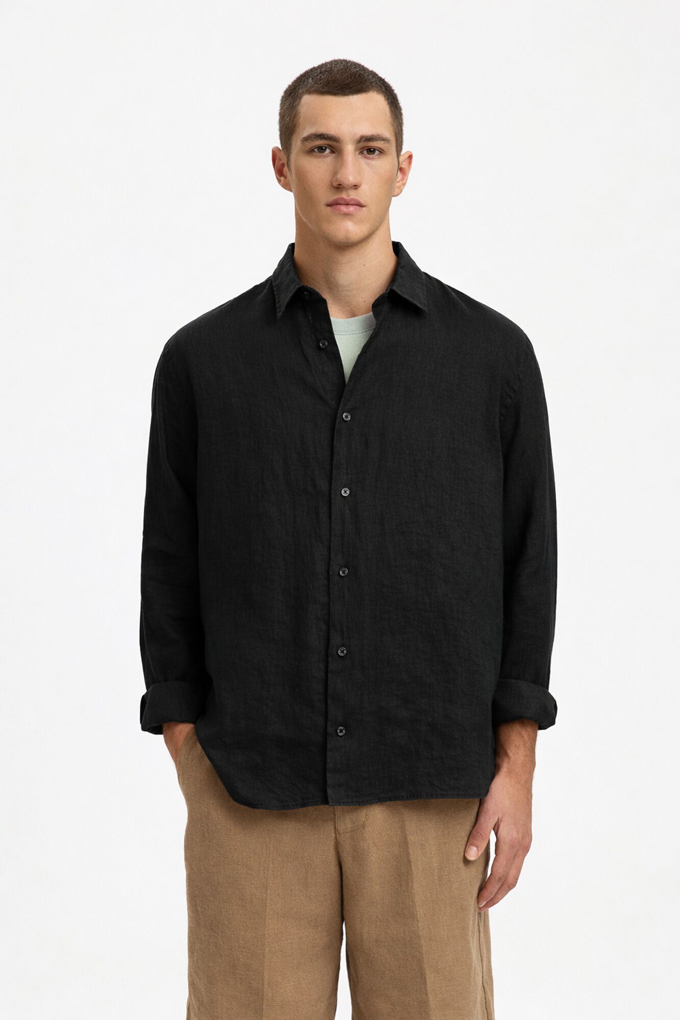 Selected Camisa de manga comprida em linho Preto