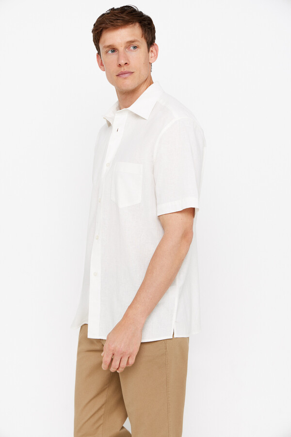 Cortefiel Camisa linho algodão liso manga curta Branco