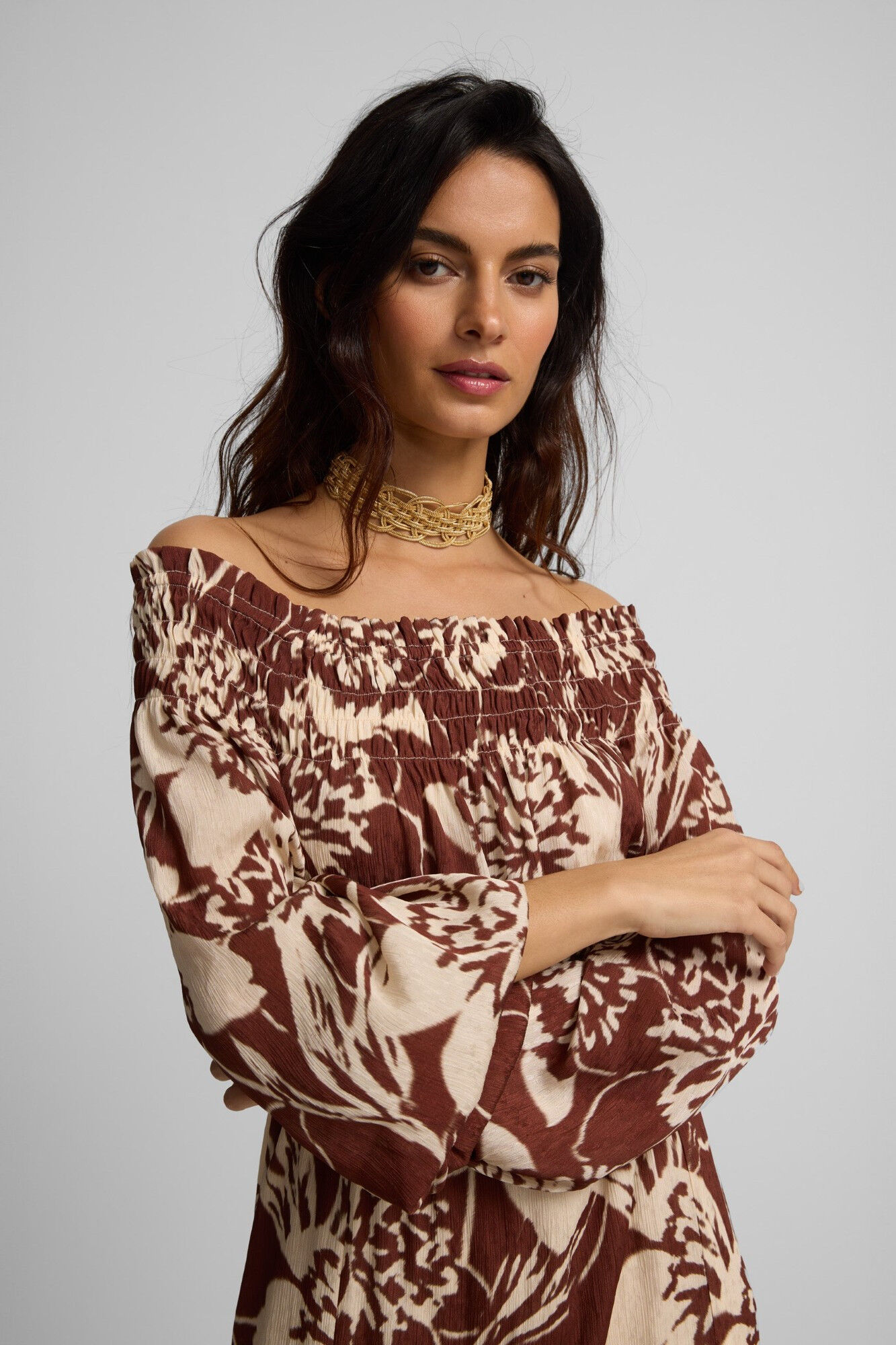 Silbon Strapless printed dress Brown