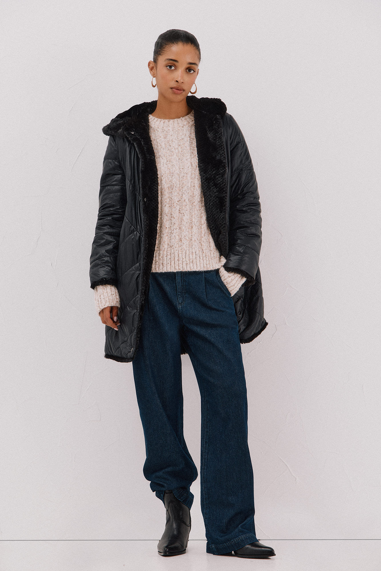 Cortefiel Long reversible faux fur coat Black