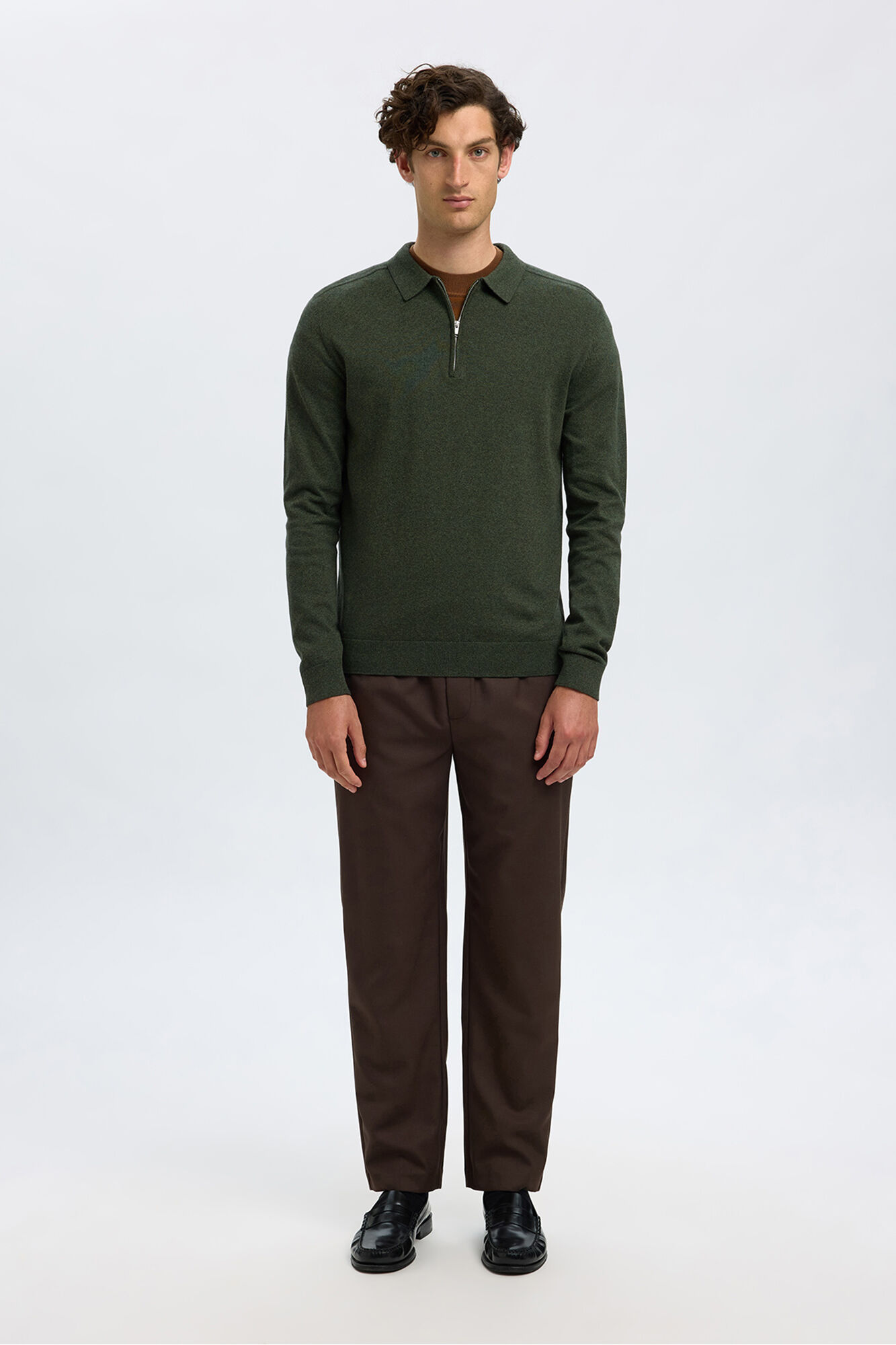 Selected Camisola polo 100% algod&atilde;o com meia fecho-&eacute;clair .