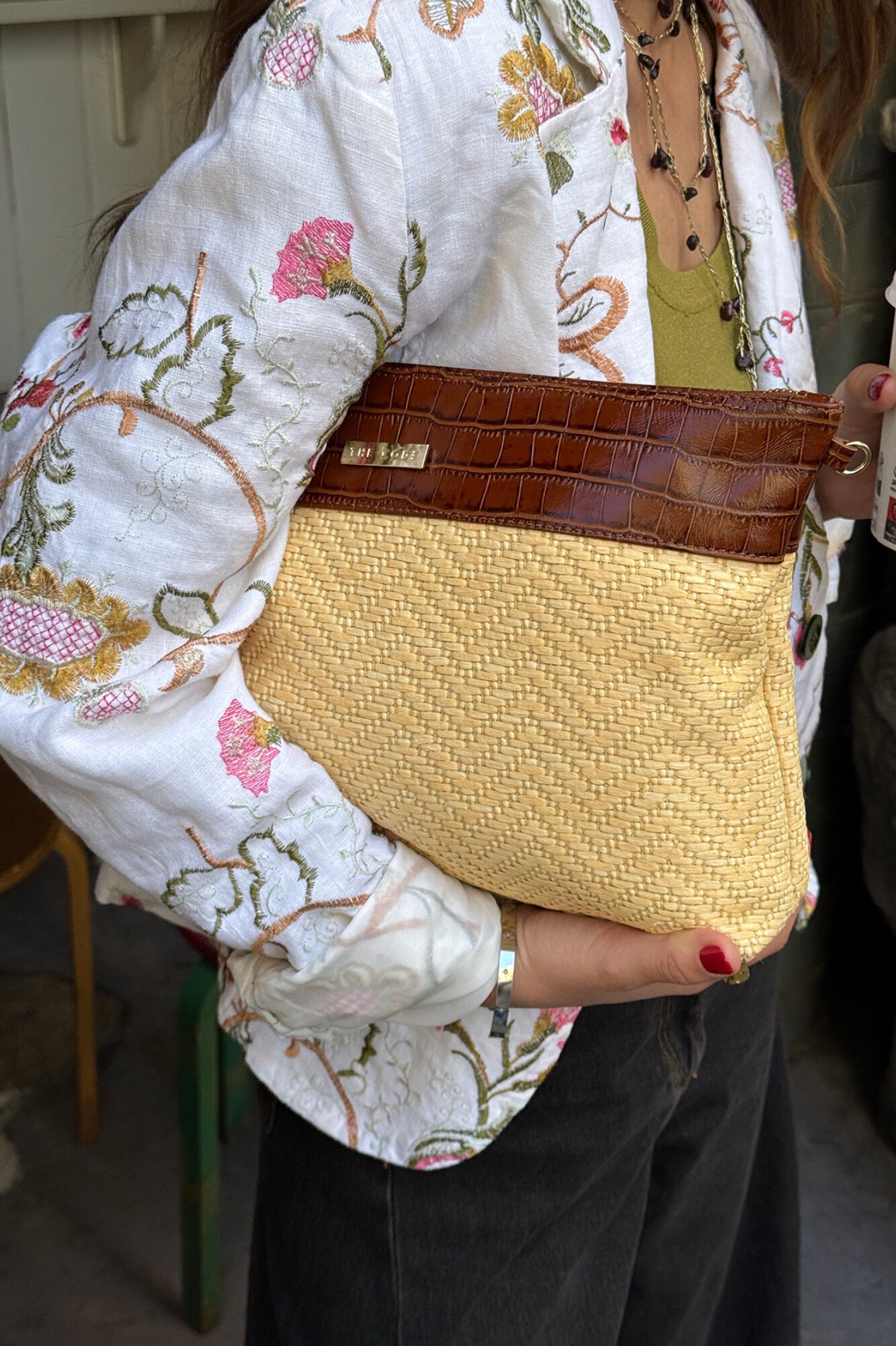 The Code About Marbella leather and hazelnut raffia Brown
