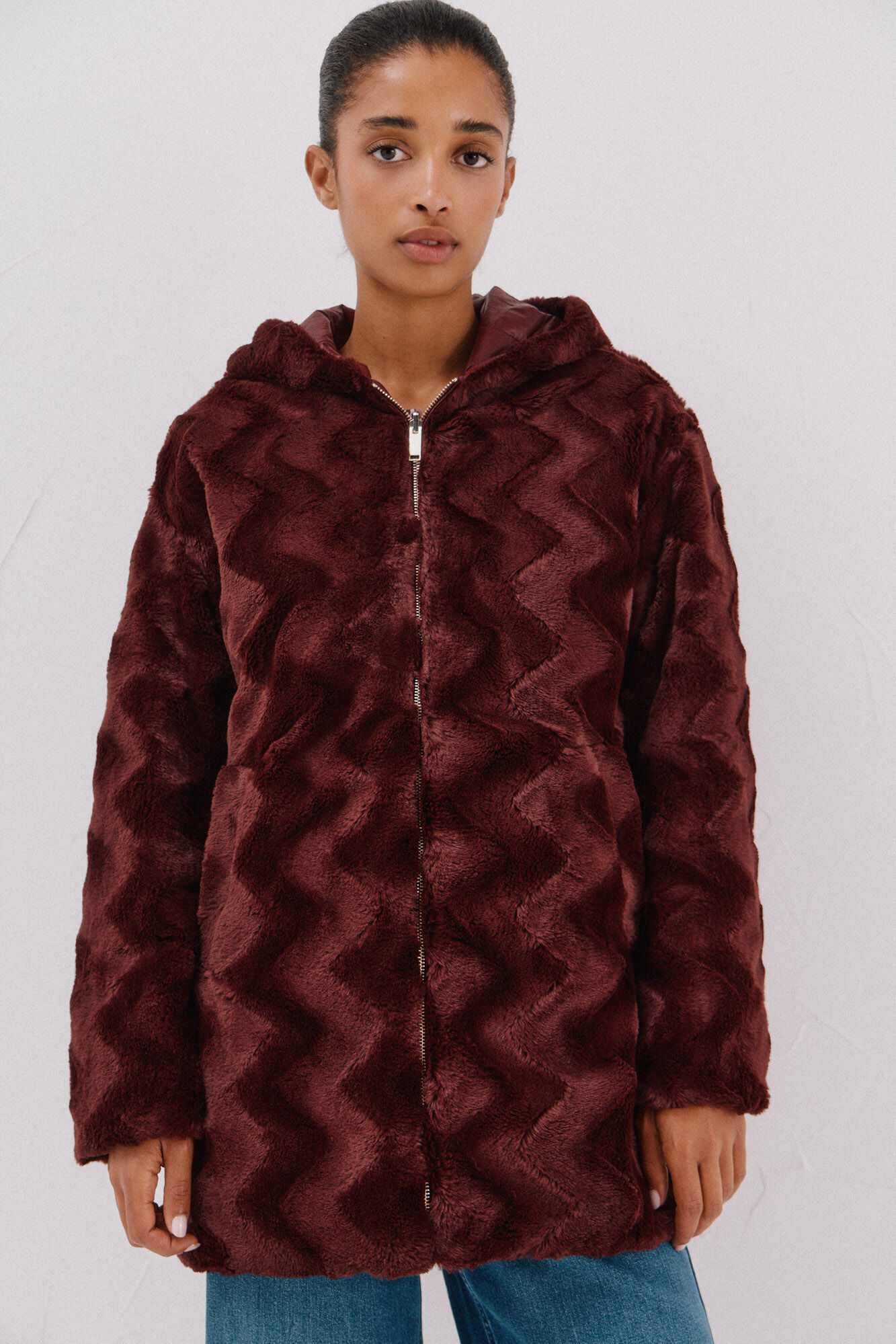 Cortefiel reversible quilted anorak with fur effect Maroon