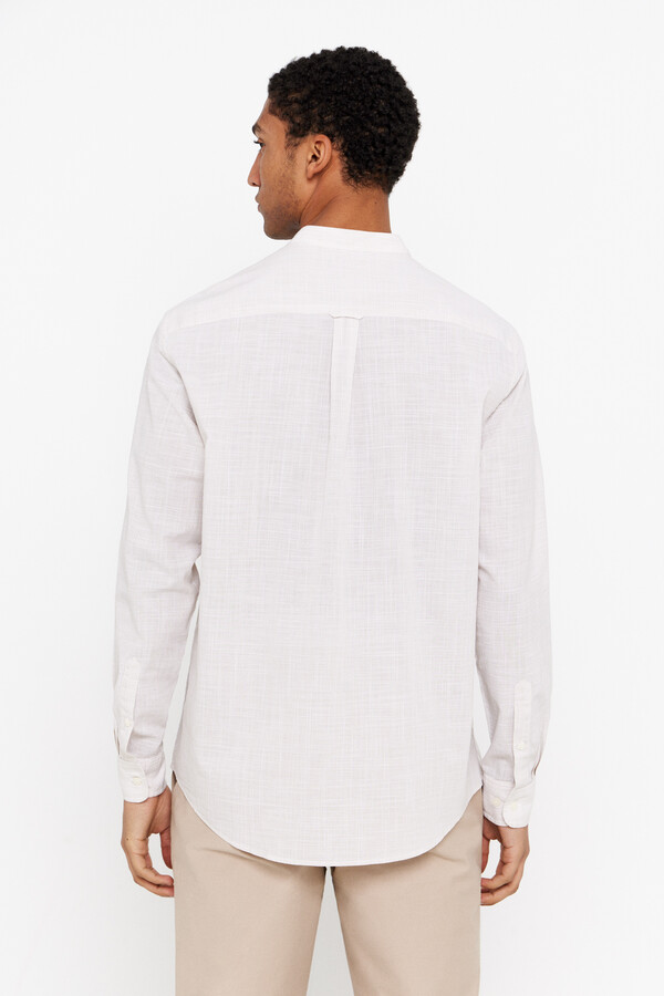 Cortefiel Striped slub cotton shirt with Mandarin collar Beige