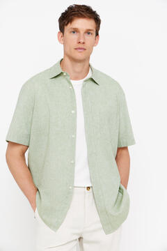 Cortefiel Camisa lino algodón liso manga corta Verde oscuro