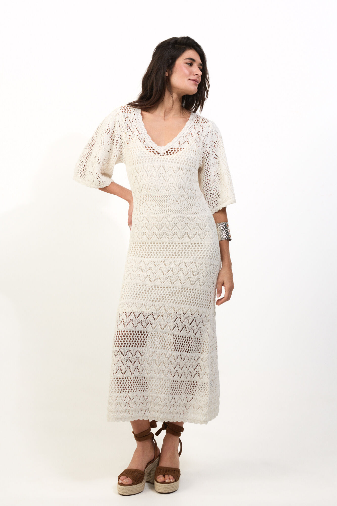 Slowlove Vestido punto calado Ecru