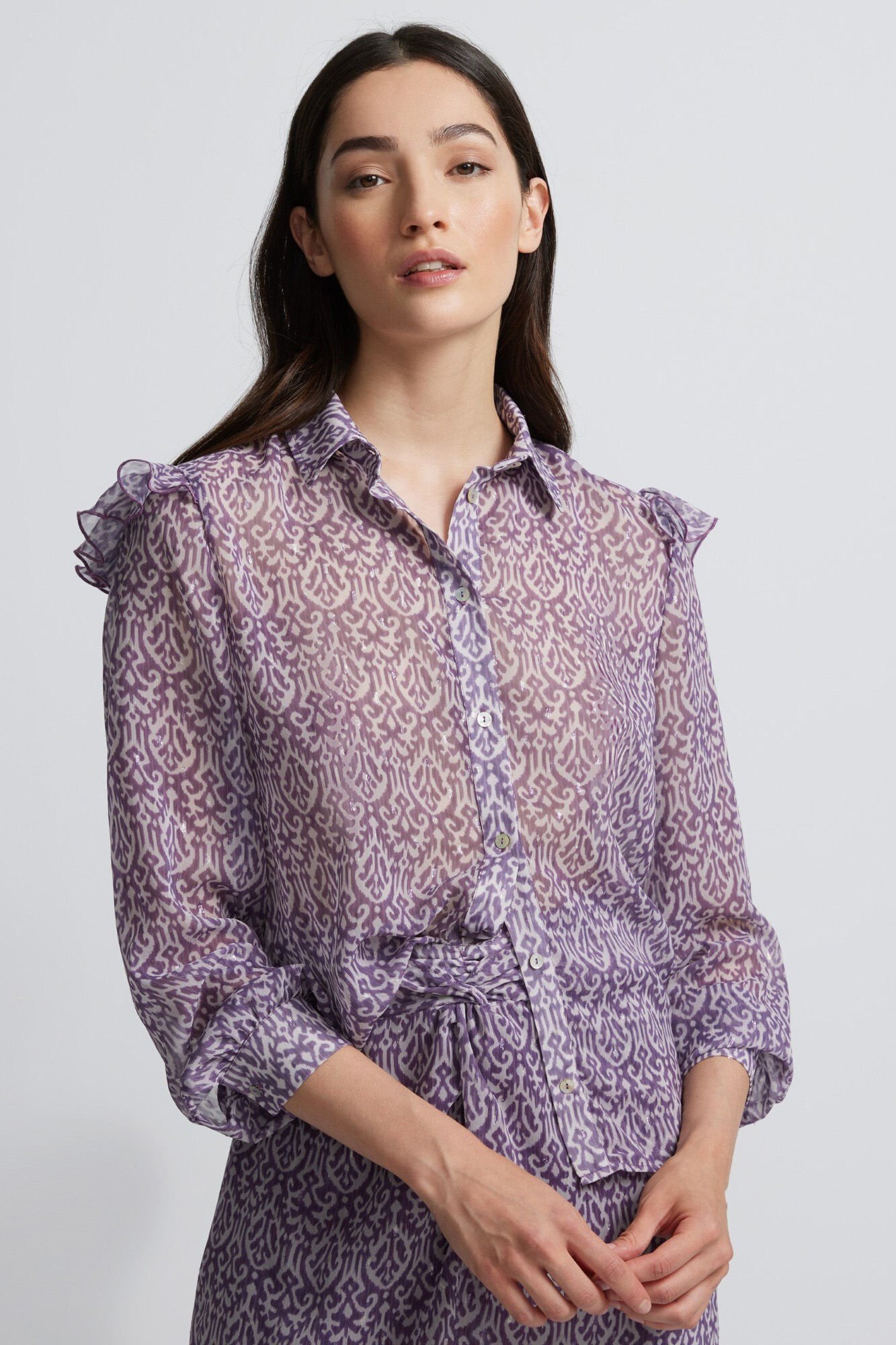 Silbon Saia midi estampado Ikat com abertura Roxo