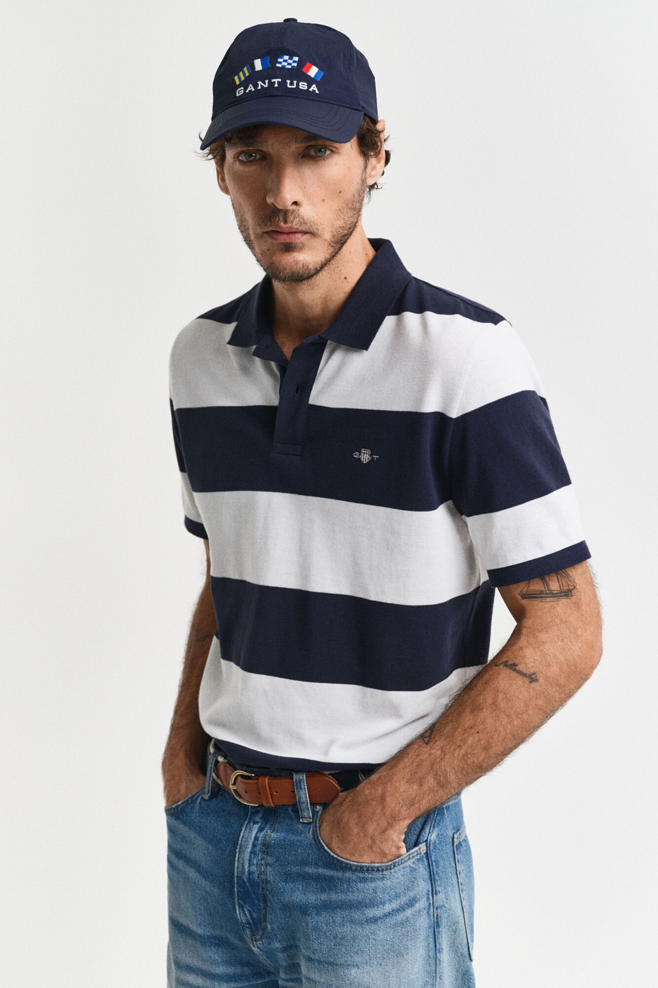 Gant Block- striped piqu&eacute; polo shirt Navy
