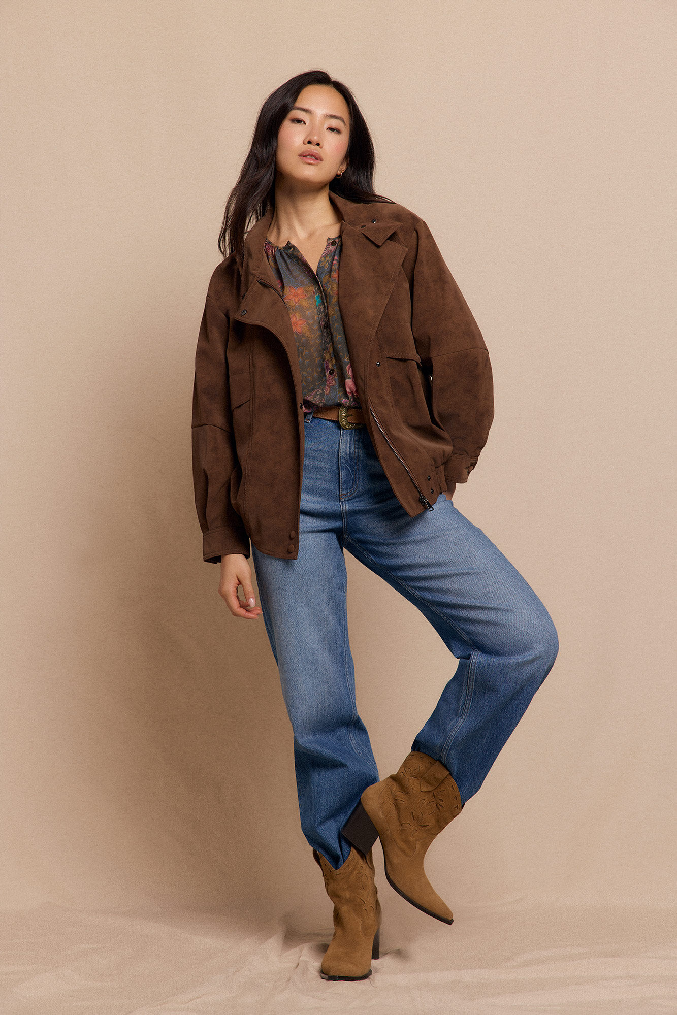 Slowlove Cazadora motera efecto piel Beige