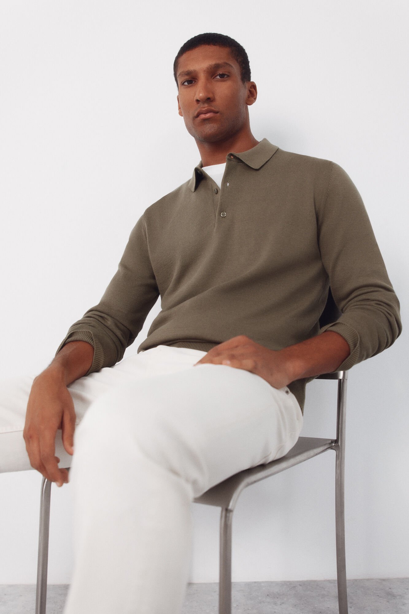 Cortefiel Long sleeve sleeve cotton polo shirt jersey Kaki