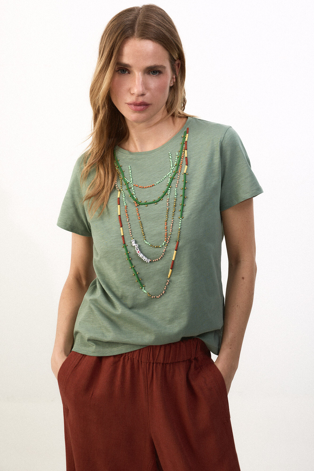 Slowlove Camiseta collar abalorios Verde