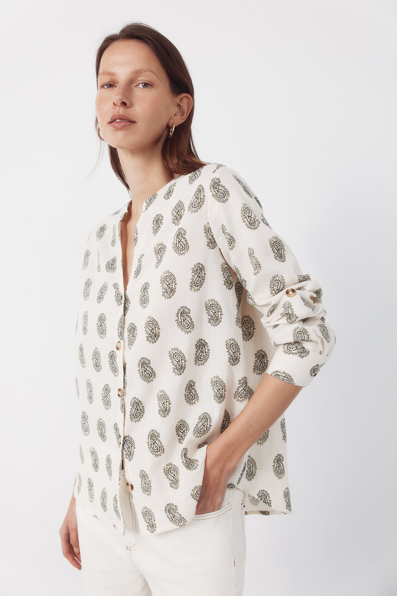 Cortefiel Mandarin collar shirt Printed green